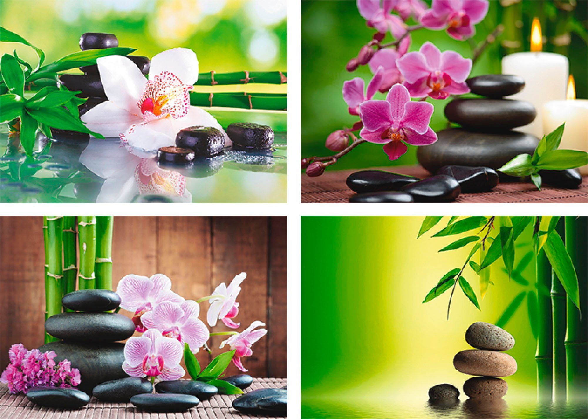 Zen (4 Poster Bambus Wandposter Spa Bild, Wandbild, Artland Steine, Zen Zweige Poster, St),