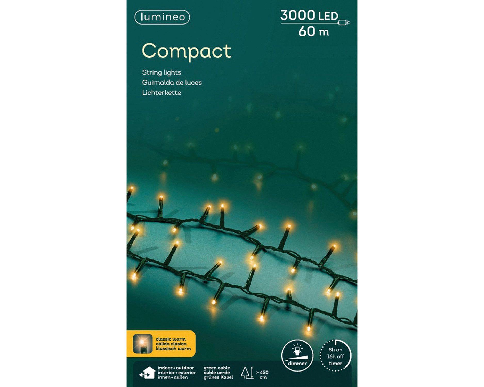 Lumineo LED-Lichterkette Lumineo Lichterkette COMPACT 3000 LED 60m klassisch warm, grünes Kabel, Dimmbar, Timer, Indoor/Outdoor, + 5 m Zuleitung