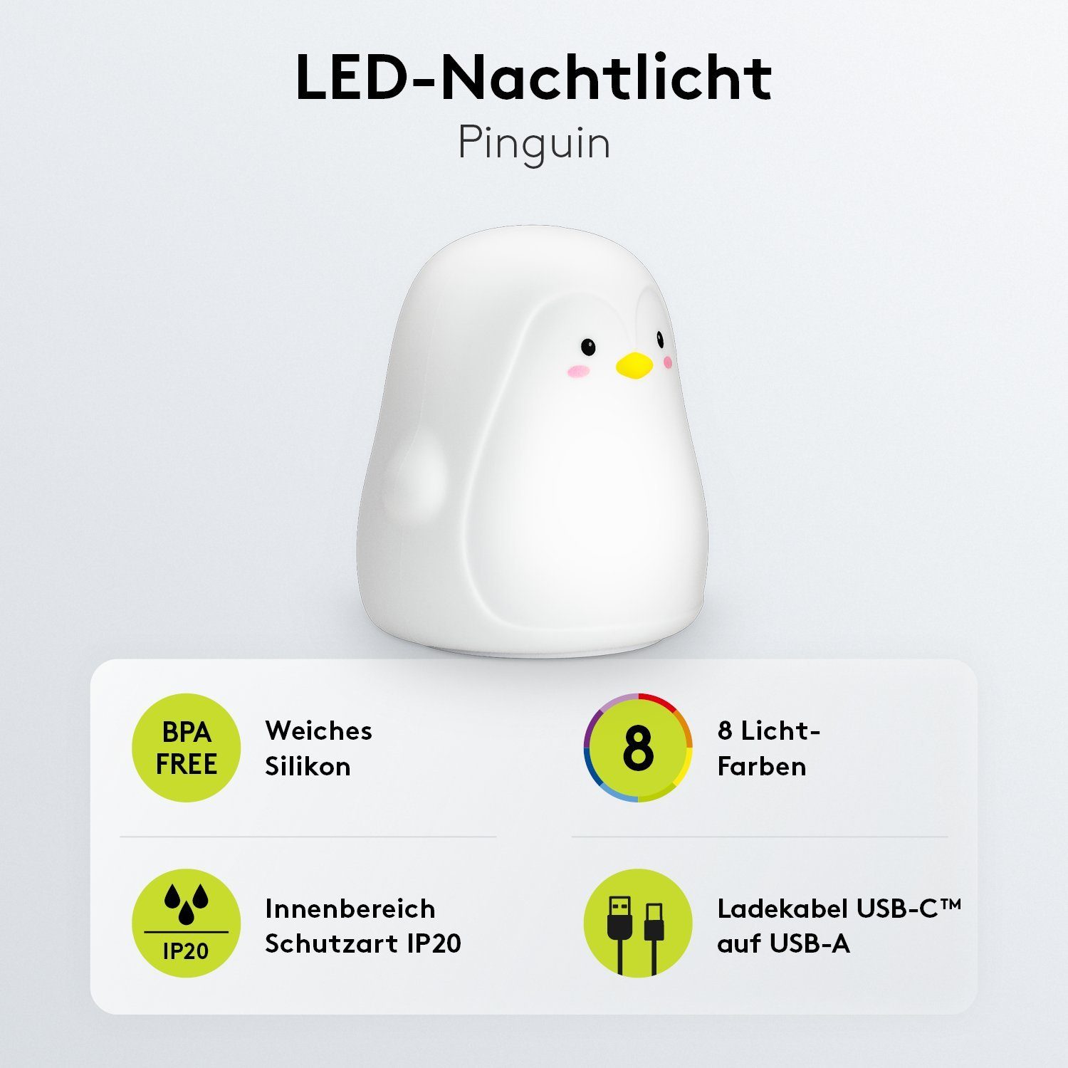 Goobay LED Nachtlicht LED Einschlafhilfe mit Farbwechsel für Babys, LED fest integriert, Warmweiß, Farbwechsler, Li-Ion-Akku / 3 Leuchtmodi / Touch-Sensor / Weiches Silikon