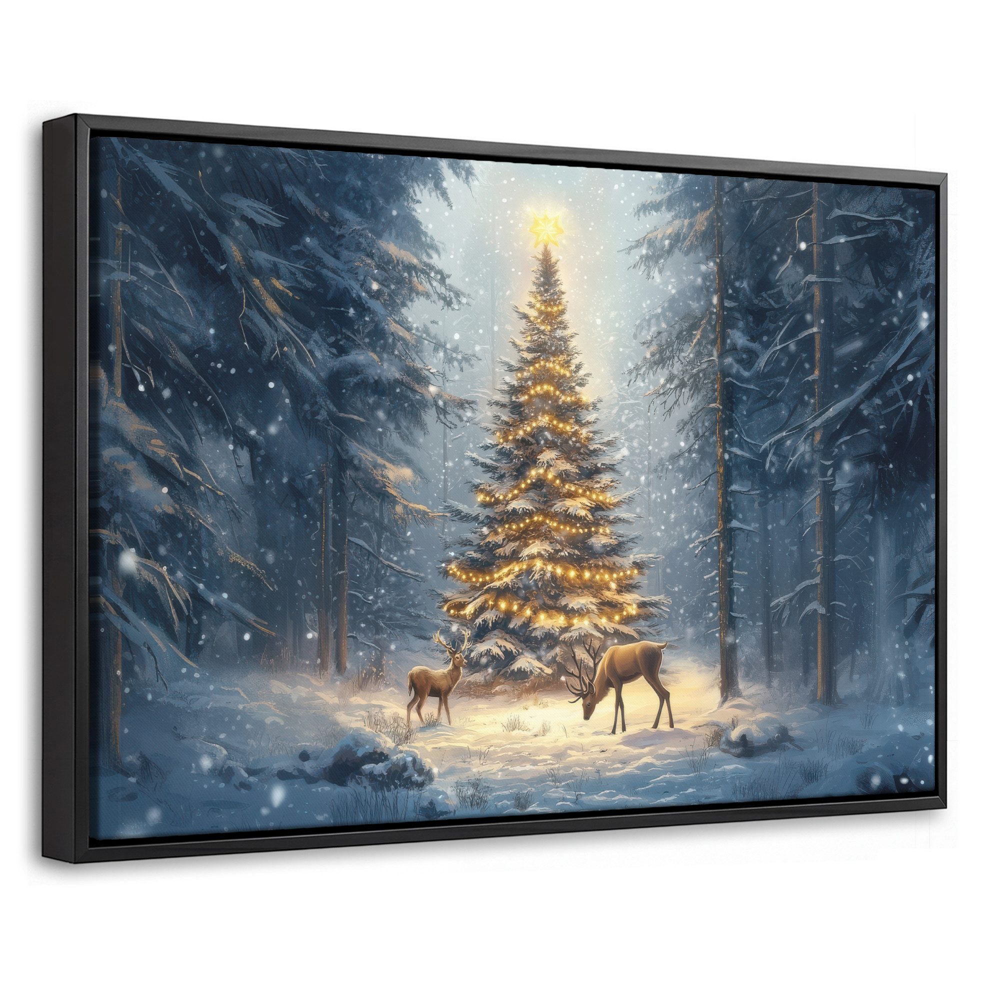 OneMillionCanvasses® Leinwandbild mit Rahmen - Weihnachtsbeleuchtung - Wald - Hirsche - Dunkelheit, Fotodruck (1 St), Bilder, Zimmer Wand Bild Dekoration 30x20cm