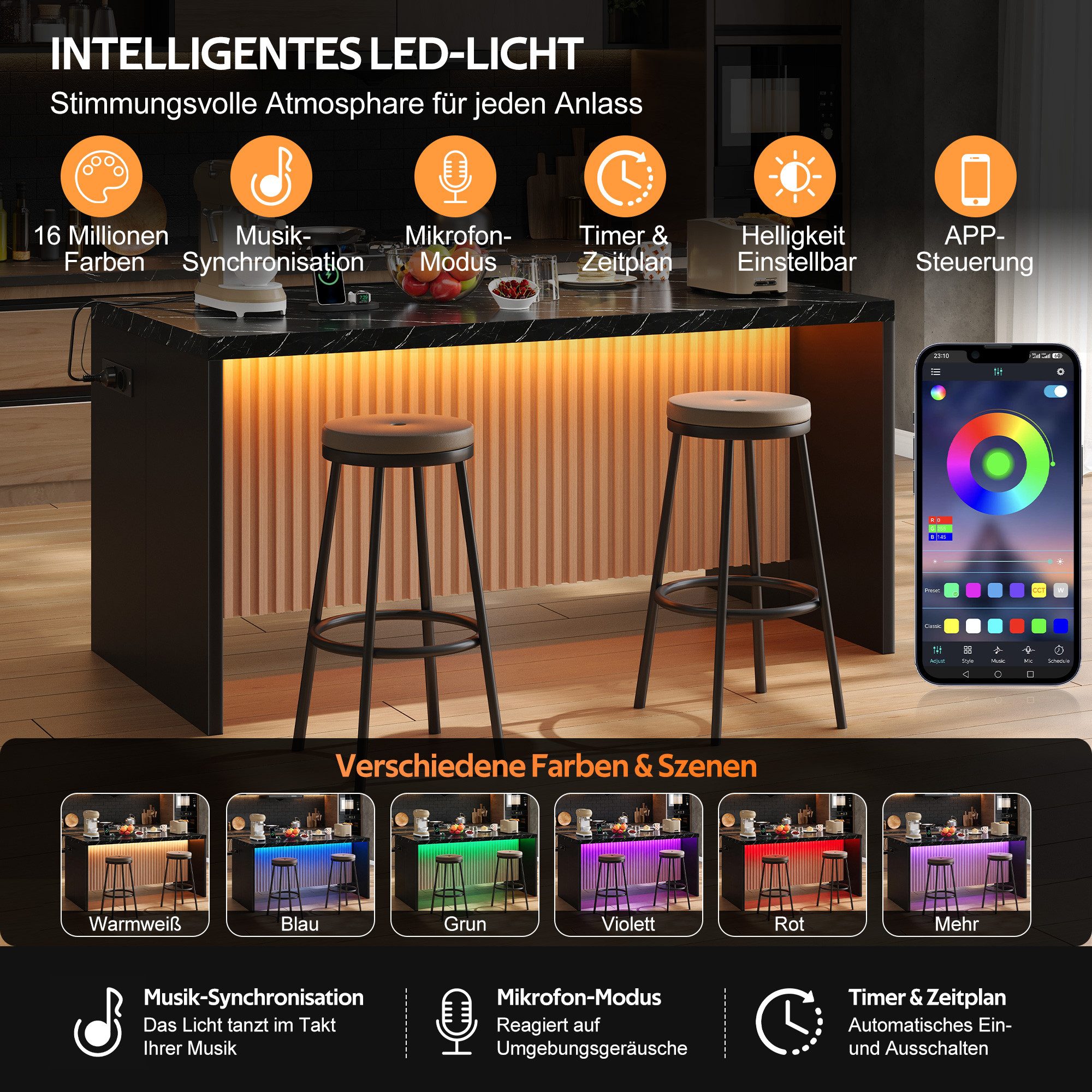Celya Kücheninsel 155x80x90cm, mit LED-Beleuchtung, 2 Steckdosen und 2 USB, (40mm starke Arbeitsplatte, im Industrie-Design), Hocker nicht im Lieferumfang enthalten