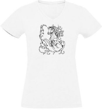 MyDesign24 T-Shirt Damen Pferde Print Shirt - Springendes Pferd mit Ranken V-Ausschnitt Baumwollshirt mit Aufdruck Slim Fit, i146