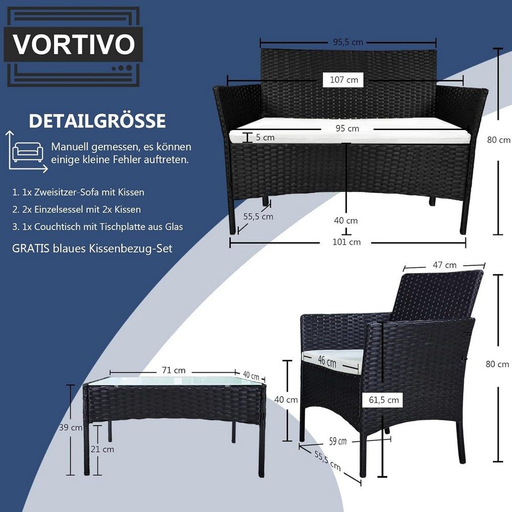 VORTIVO Gartenlounge-Set klein für 4 Personen, wetterfest, (Balkonmöbel Set outdoor, 4-tlg., Tisch, Sofa, 2 Sessel, austauschbare Kissenbezüge INKLUSIVE), Gartenmöbel für Terrasse, Balkon, Garten