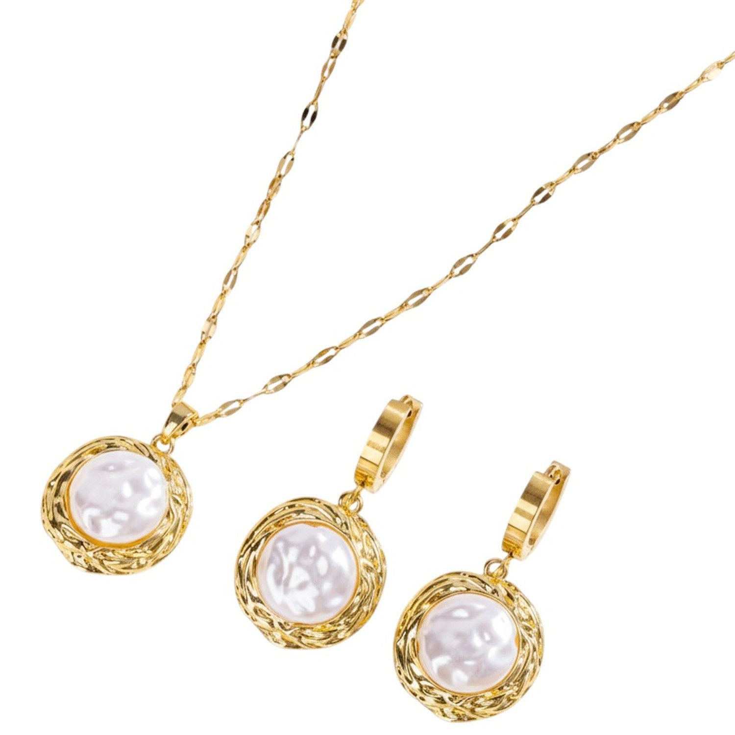 KARMA Schmuckset Gold Perlen Damen Edelstahl vergoldet Halskette 40 cm (rostfrei pflegeleicht, 3-tlg., Kette Geschenk für Sie wasserfest hypoallergen), Ohrringe eleganter Schmuck Damenschmuckset
