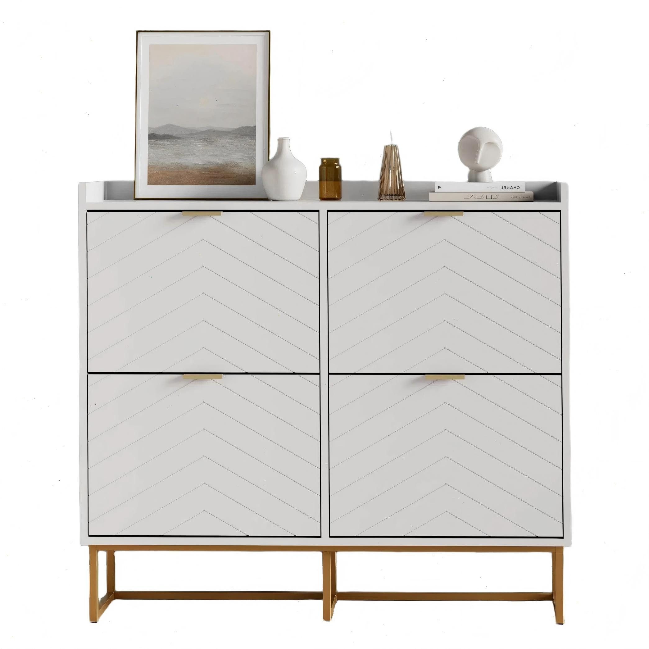 UEV Schuhschrank mit 4 Klappen, Schuhkipper Schmal, Schuhregal mit Metallfüße (98,5 x 24 x 103,5cm Modern Schuhaufbewahrung mit Oberplatte, Schuhkommode,Anti-Kipp-Vorrichtung für Eingangsbereich) trennwände verstellbar und abnehmbar für verschiedene Schuhtypen