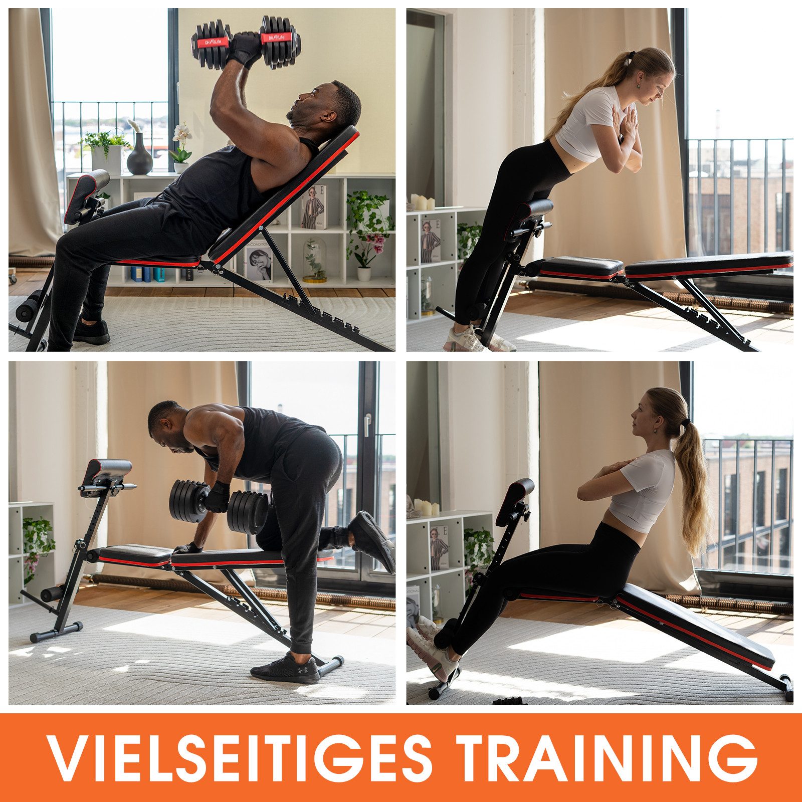 DH FitLife Hantelbank klappbar verstellbar, (Modell 1 mit Curlbank und Beinstrecker, Schrägbank & Flachbank für Bankdrücken, Rückentrainer u. Bauchtrainer), Trainingsbank Fitnessbank multifunktional für Fitness u. Krafttraining