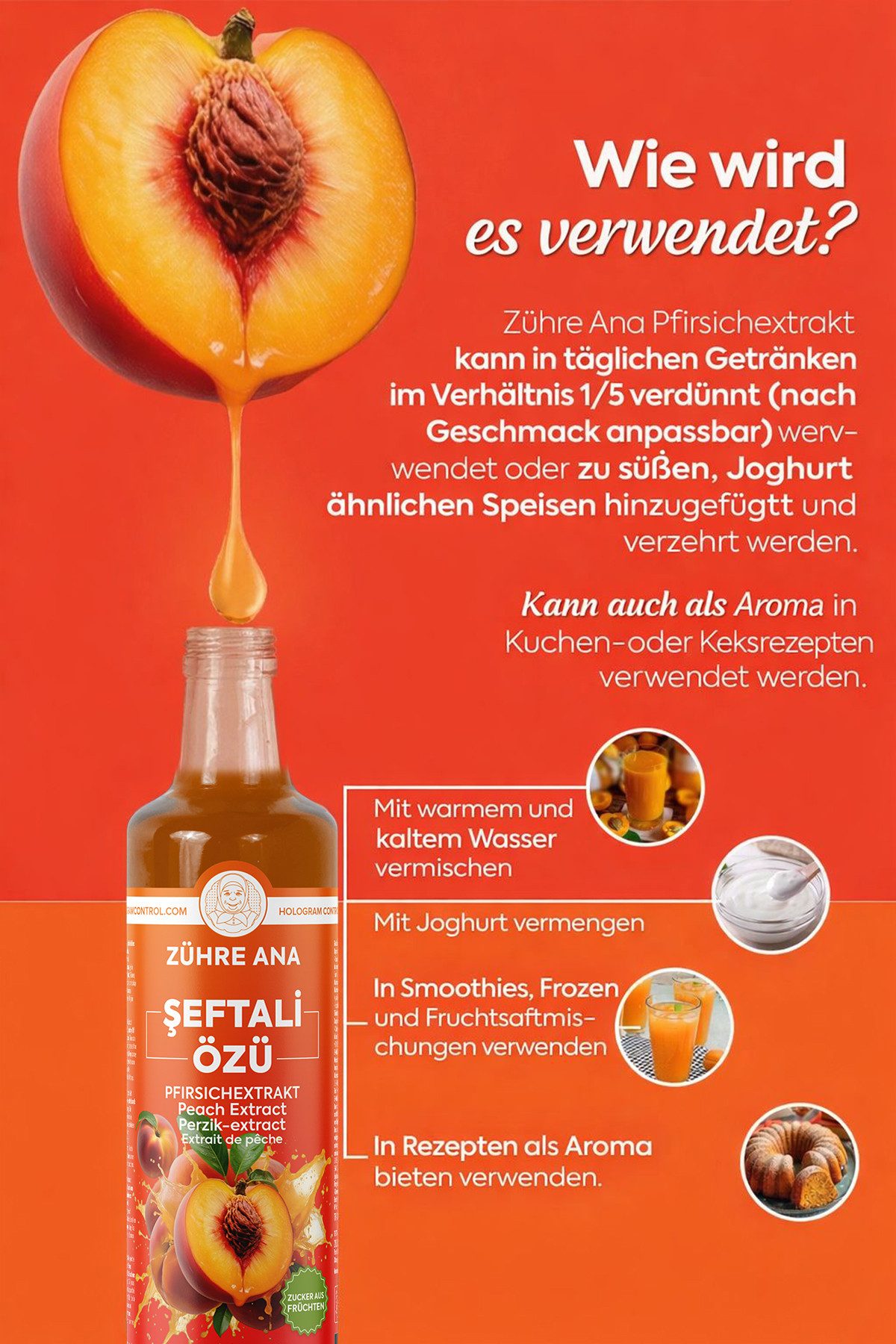 Zühre Ana® Sirup Pfirsichextrakt 640 g – 100 % Frucht, Konzentrat, Natürlich, 640 g, Mischverhältnis: 1+5 Mit charakteristischem natürlichem Aroma und Duft