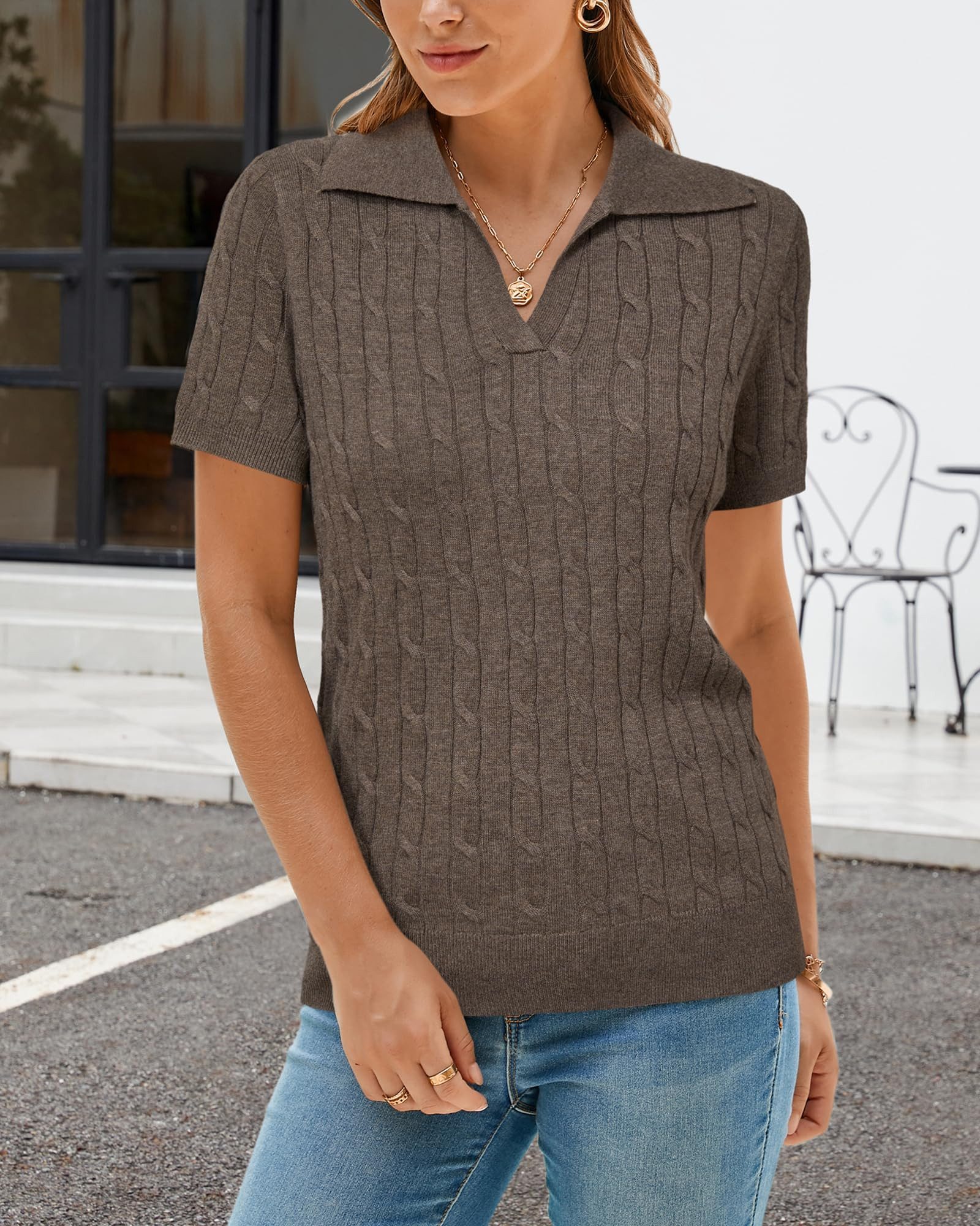 Arach&Cloz Poloshirt Damen Wollmischung Poloshirt Kurzarmpullover Strickpullover Volltonfarbe V-Shirt Tops Business Casual Kurzarmshirt Wollpullover