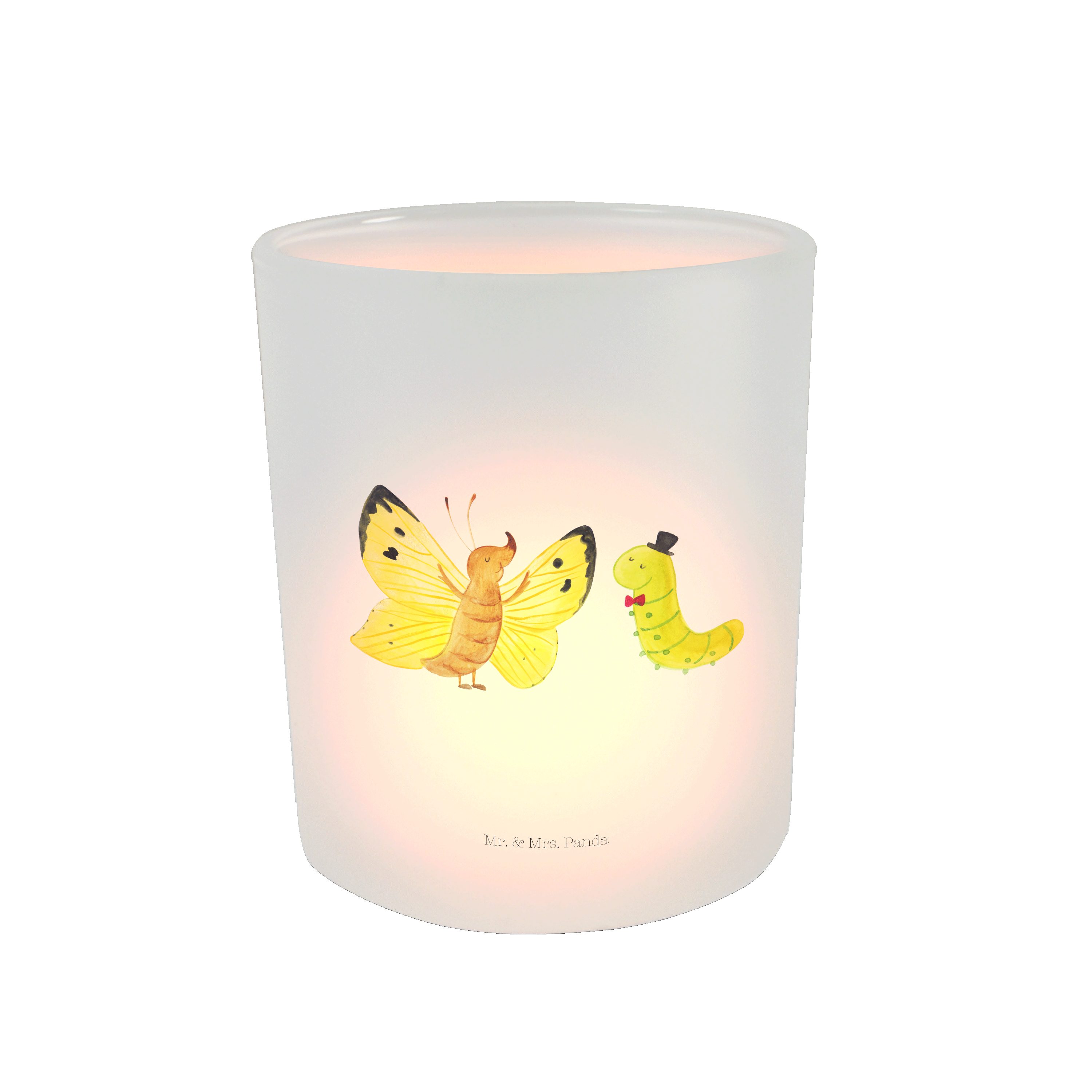 Mr. & Mrs. Panda Windlicht Raupe & Schmetterling - Transparent - Geschenk, Windlicht Glas, Kerze (1 St) | Windlichter