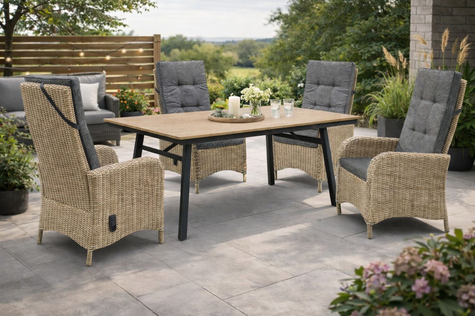 Destiny Garten-Essgruppe PALMA SAN MARINO 4 HL + Tisch RE 180x90cm holzf./ natur meliert, (Set, 4 Hochlehner stufenlos verstellbar, inkl. Auflagen, 1 Tisch), Aluminium, Polyrattan, Polywood