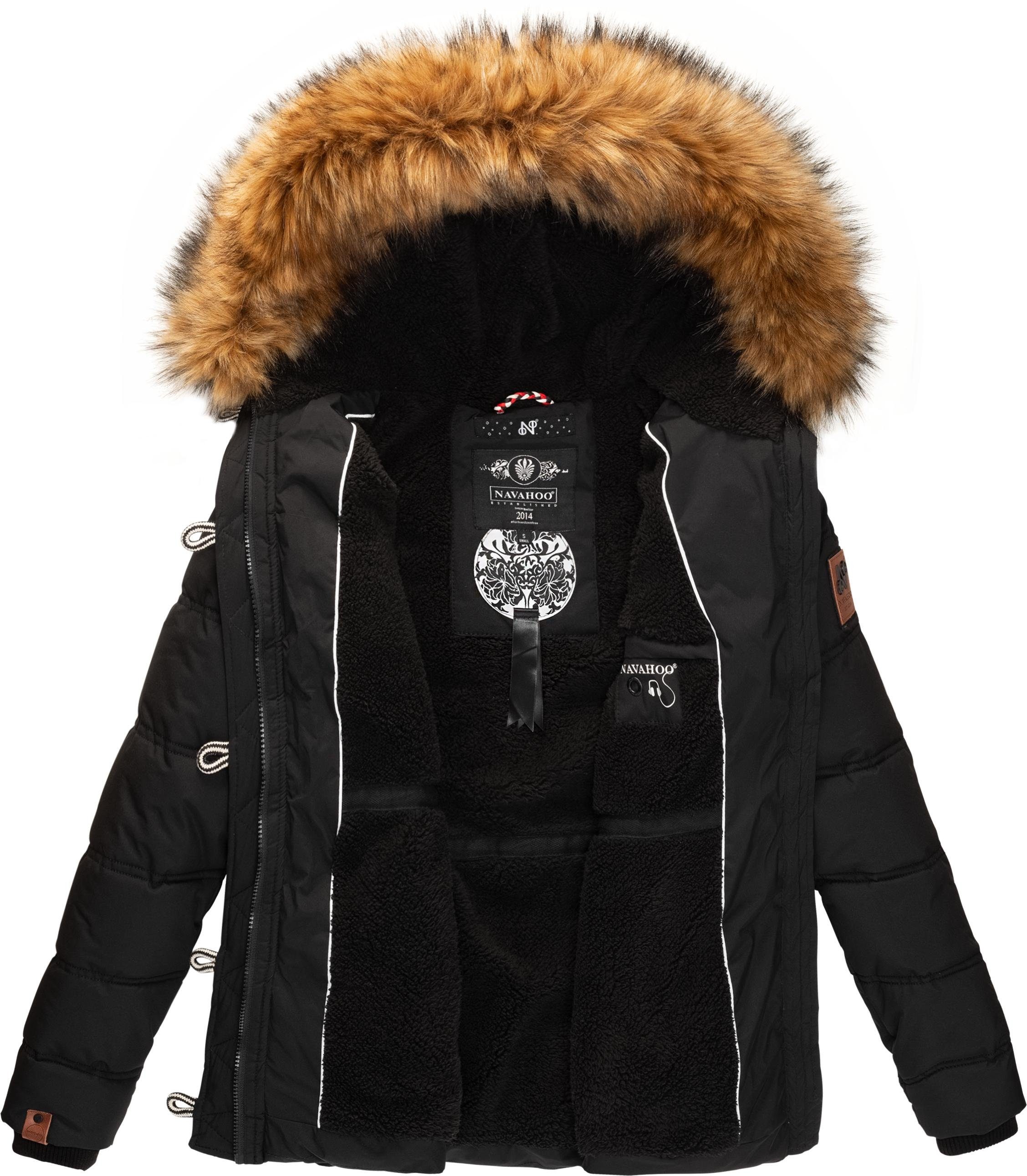 schwarz Steppjacke mit Kapuze Winterjacke Kunstpelz stylische Navahoo Zoja