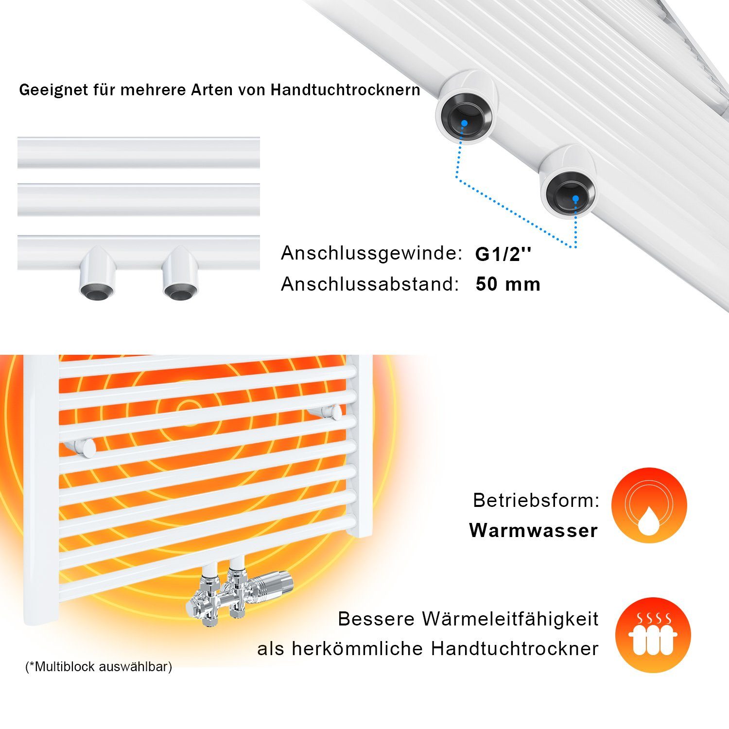 SONNI Badheizkörper Handtuchtrockner Handtuchwärmer Mittelanschluss, Weiß, mit/ohne Thermostat