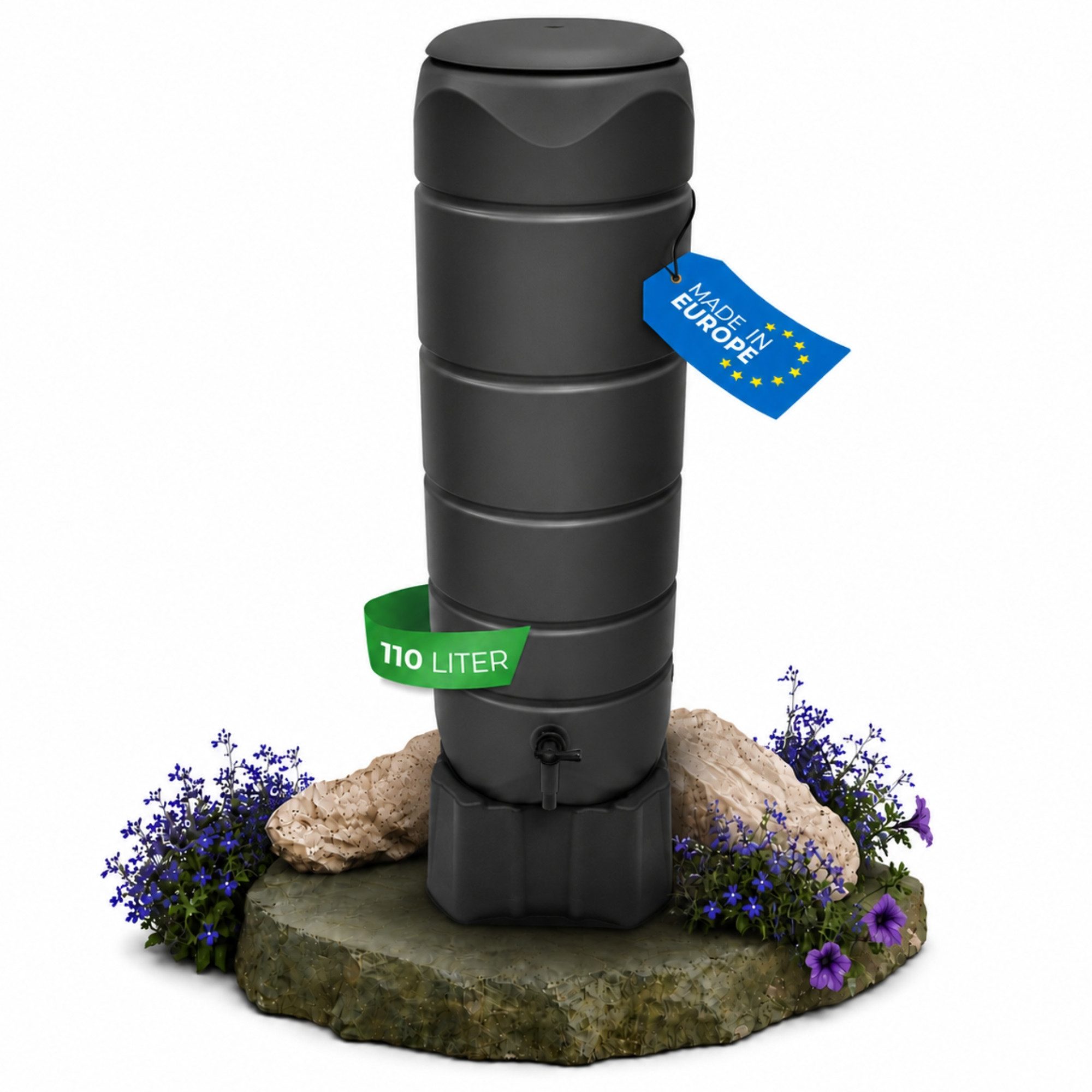 YourCasa Regentonne [CircleTower] 110L mit Standfuss, Deckel & Wasserhahn - Regenfass, Schmal, Inkl. Standfuss 39,6 x 130,3 cm, Wetterfest
