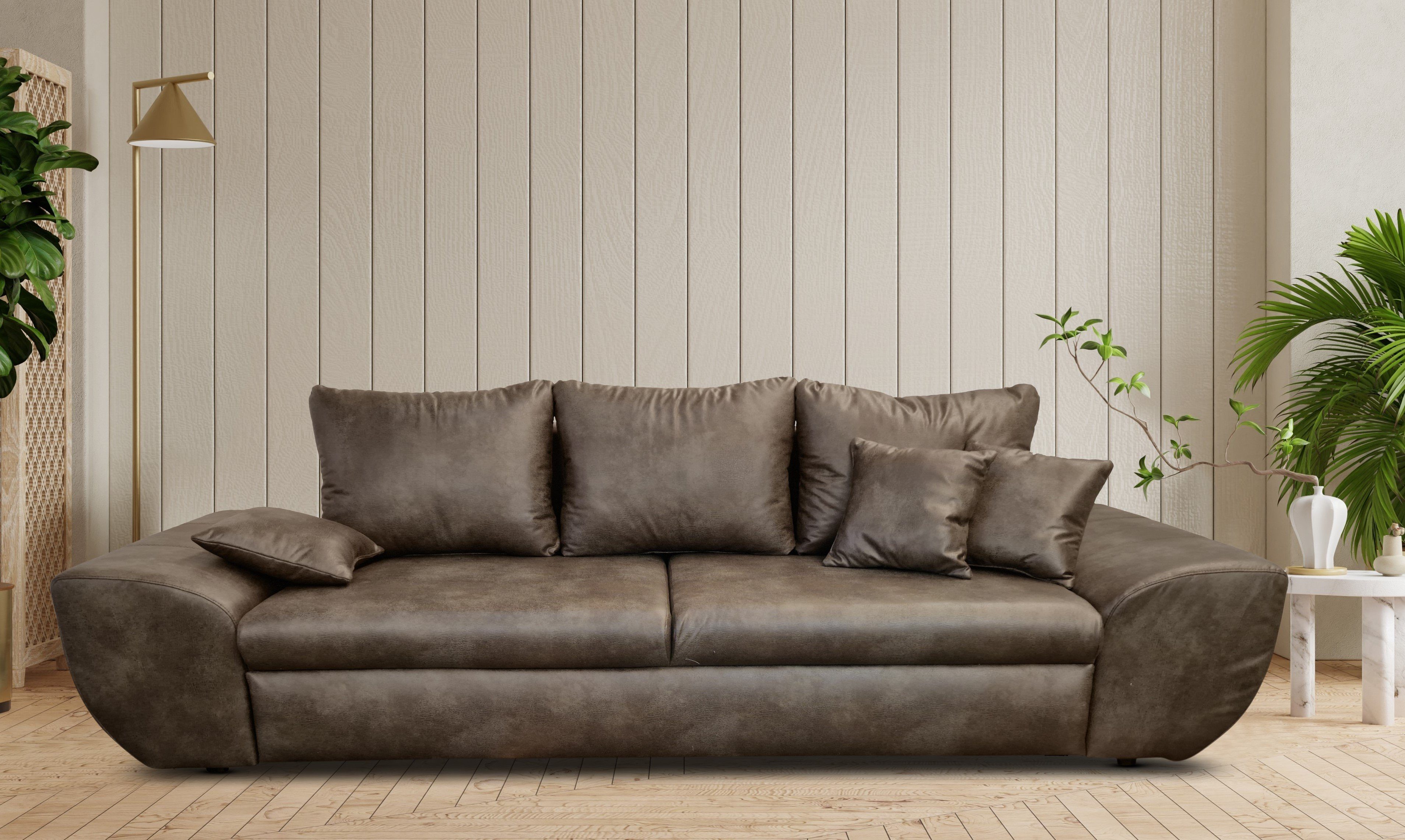 luma-home Big-Sofa 18008, mit Bettfunktion und Stauraum B275/T98/H90 cm, Liegefläche 148x194 cm, Wellenunterfederung, Mikrofaser Leder-Optik Vintage Braun