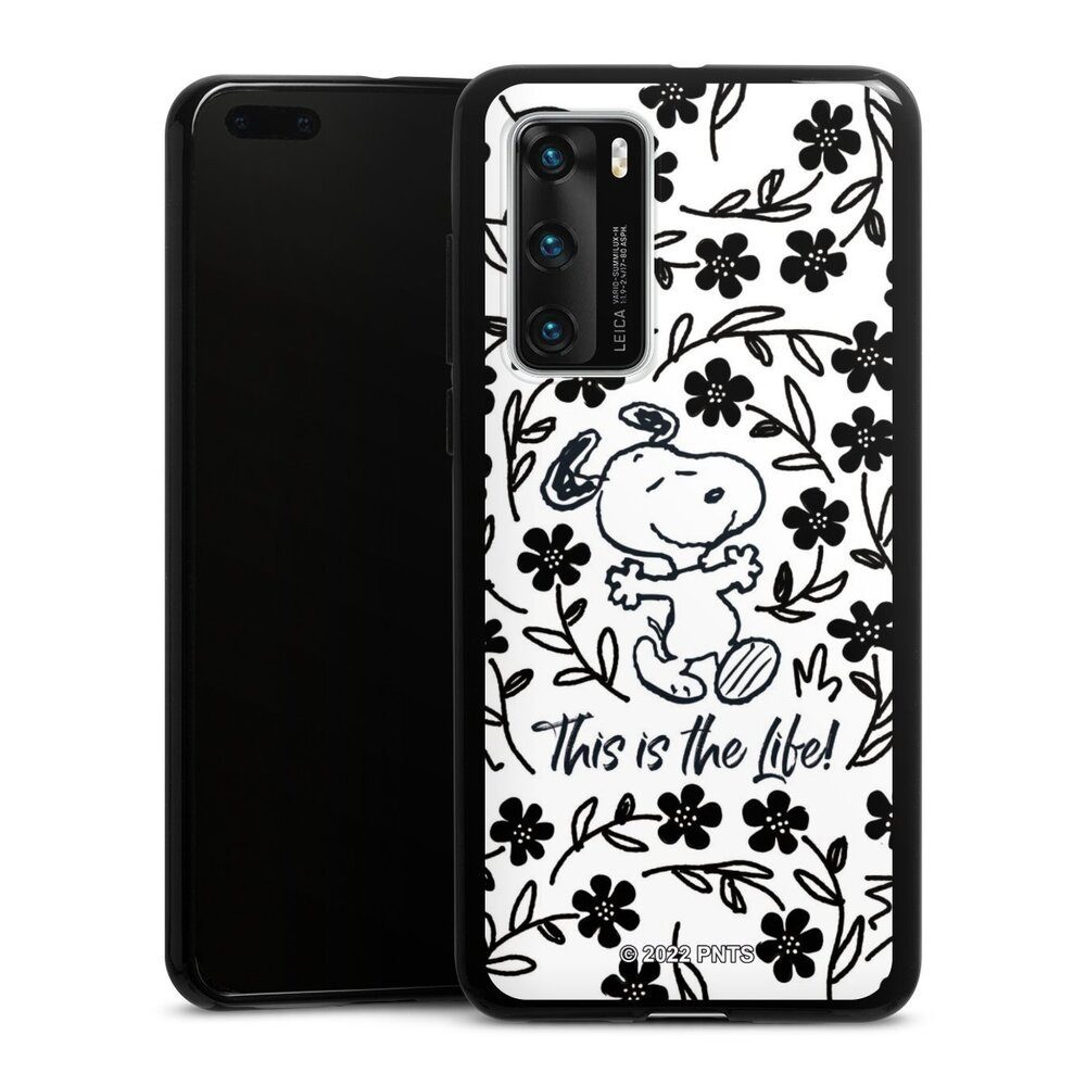 DeinDesign Handyhülle Peanuts Blumen Snoopy Snoopy Black and White This Is The Life, Huawei P40 Silikon Hülle Bumper Case Handy Schutzhülle