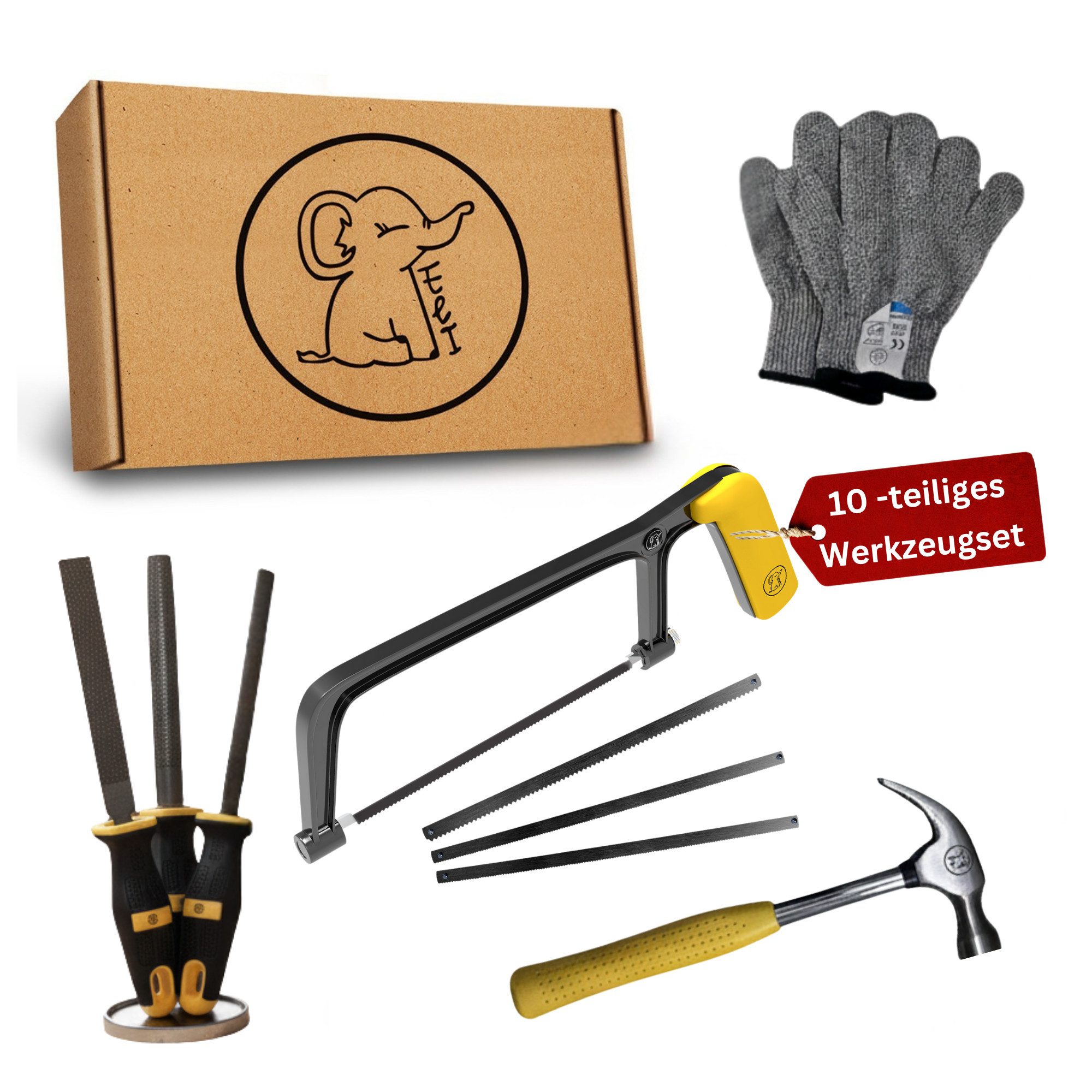 Eli Kinder-Werkzeug-Set ab 6 Jahre inkl Kindersäge - Hammer - Holzraspel - Schutzhandschuhe, (echtes Werkzeug Set für alle junge Baumeister und Bauarbeiter, Säge für Kinder - Geschenk für Jungen und Mädchen), ergonomischer und rutschhemmende Griffe