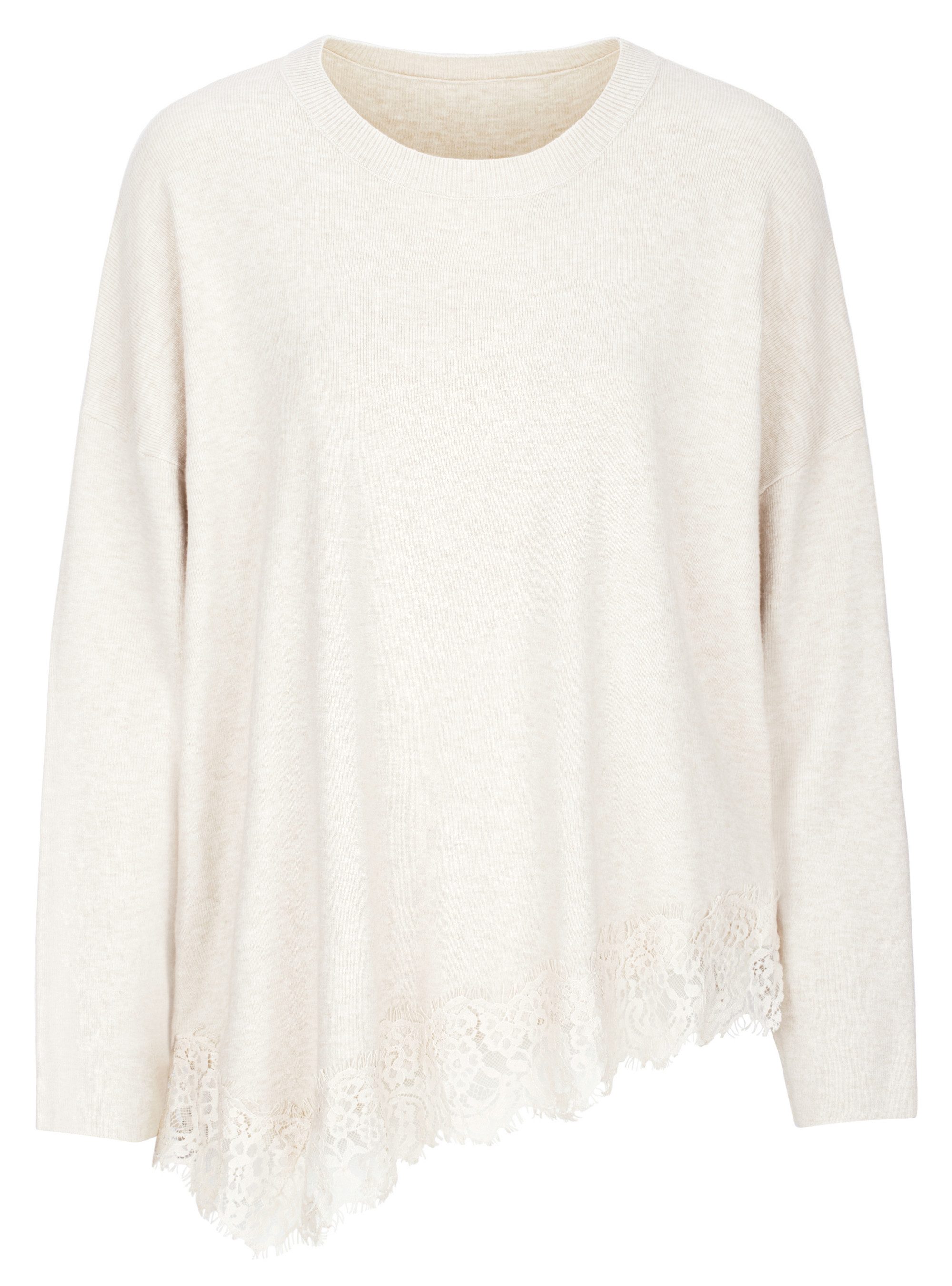 dy_mode Rundhalspullover Damen Pullover mit Spitze asymmetrischer Feinstrick Pulli Oberteil in Unifarbe, mit asymmetrischer Saum
