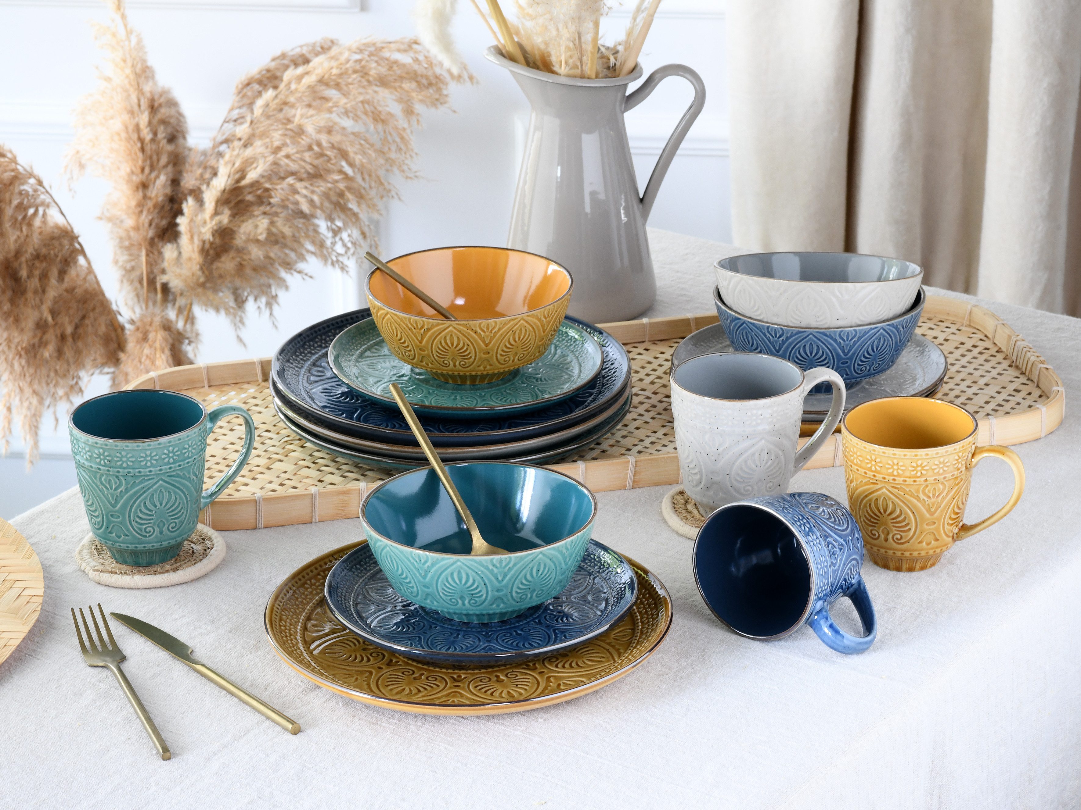 CreaTable Kombiservice Geschirr-Set Samarkand (16-tlg), 4 Personen, Steinzeug, Service, handwerklicher Charakter, 16 Teile, für 4 Personen