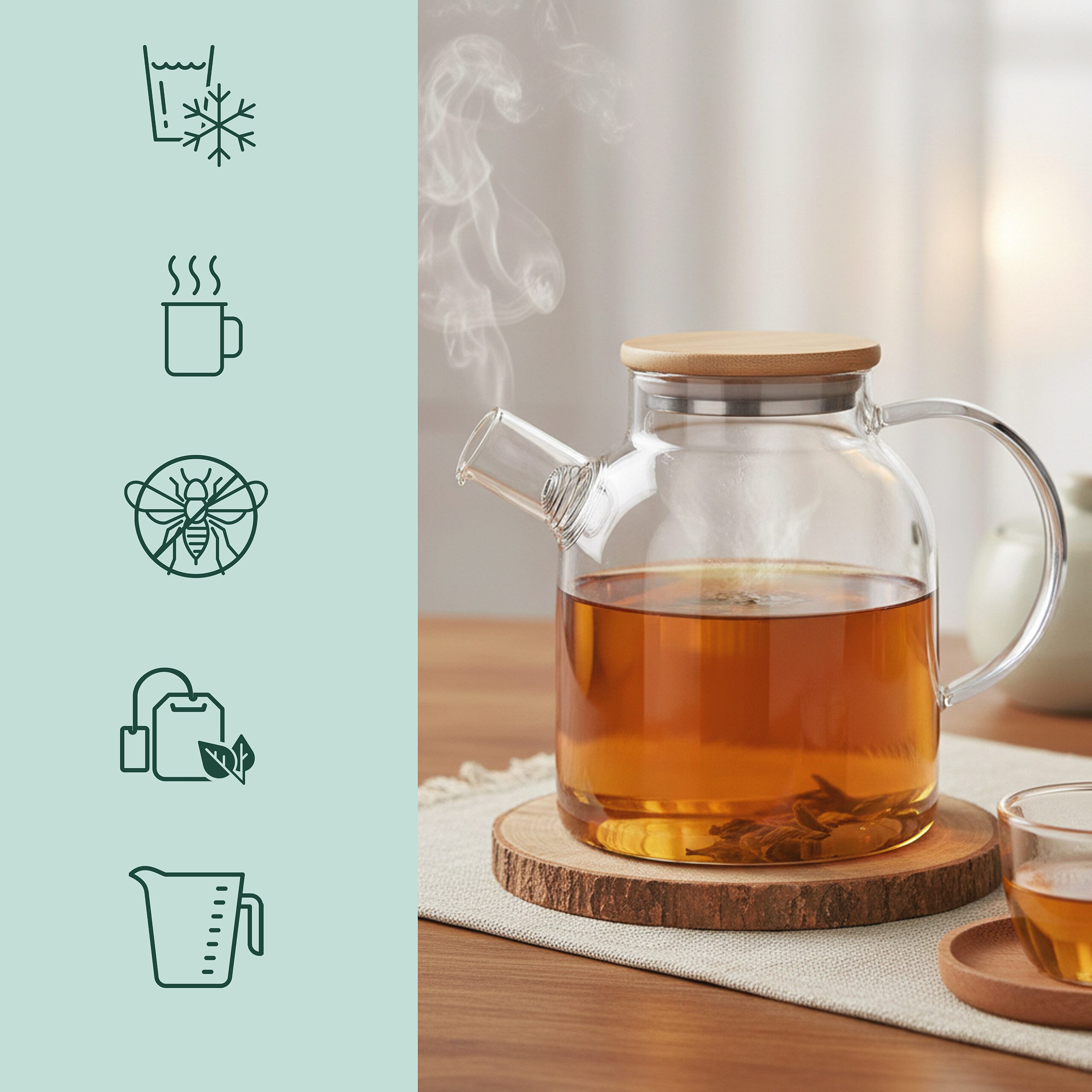 relaxdays Teekanne Glas mit Bambusdeckel, 1,8 Liter