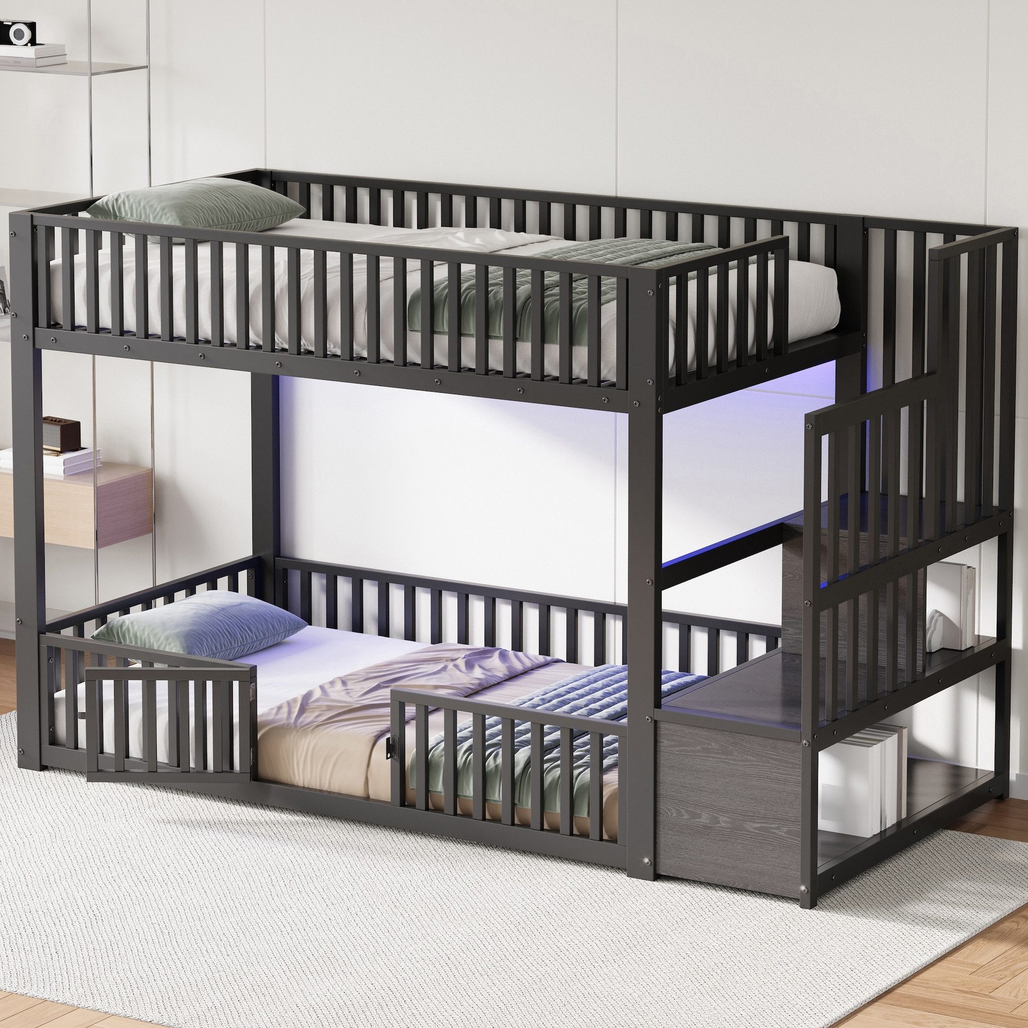 SOFTWEARY Etagenbett mit 1 Lattenrost und RGB LED-Streifen (90x200 cm, mit Treppe und Tür), Kinderbett mit Rausfallschutz, Metallbett