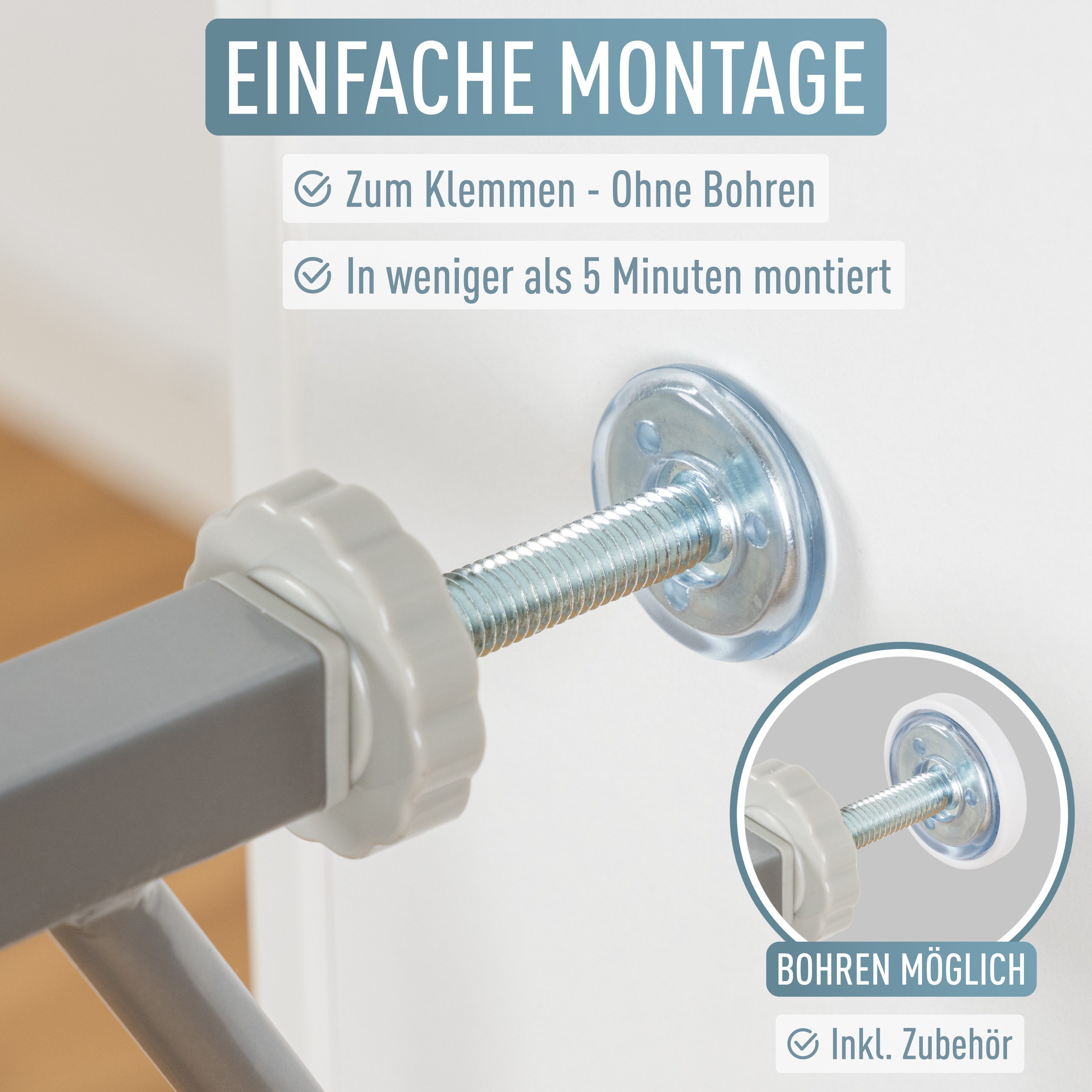 ib style Türschutzgitter Berrin Treppengitter 85-95cm silber-grau, Sicherheitsgitter für Türen und Treppen, Ohne Bohren, Zum Klemmen – Bild 3 von 5