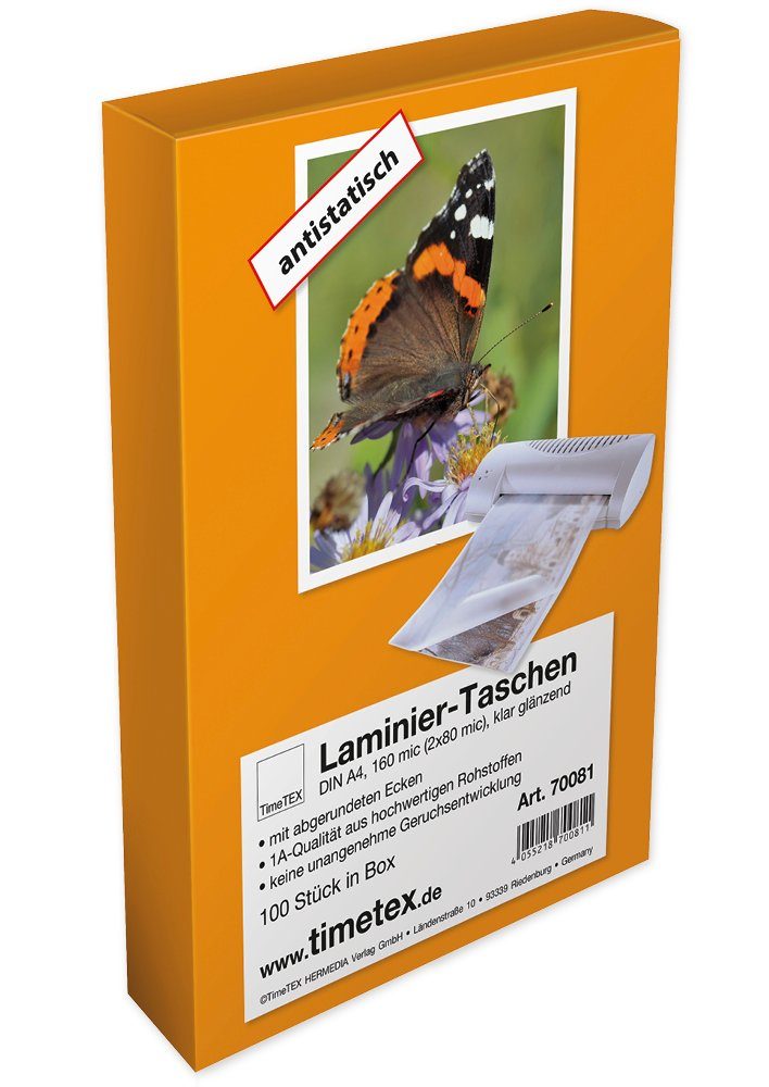 TimeTEX Schutzfolie Laminier-Taschen A4 2x80 mic glänzend, 100 Stück, (100-St)