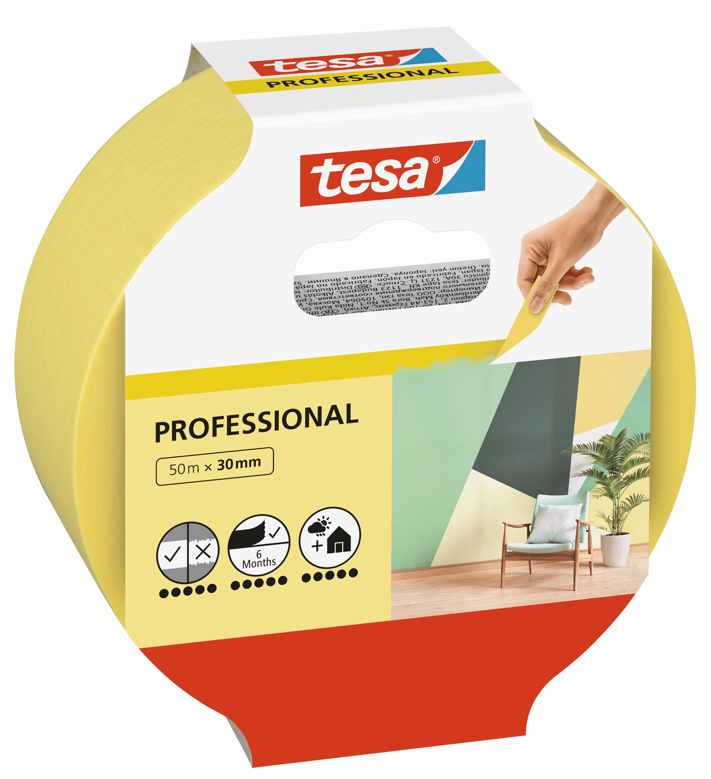 tesa Kreppband PROFESSIONAL Malerband (Packung, 1-St) Abklebeband. Malerkrepp für sauberes Abkleben bei Malerarbeiten - gelb