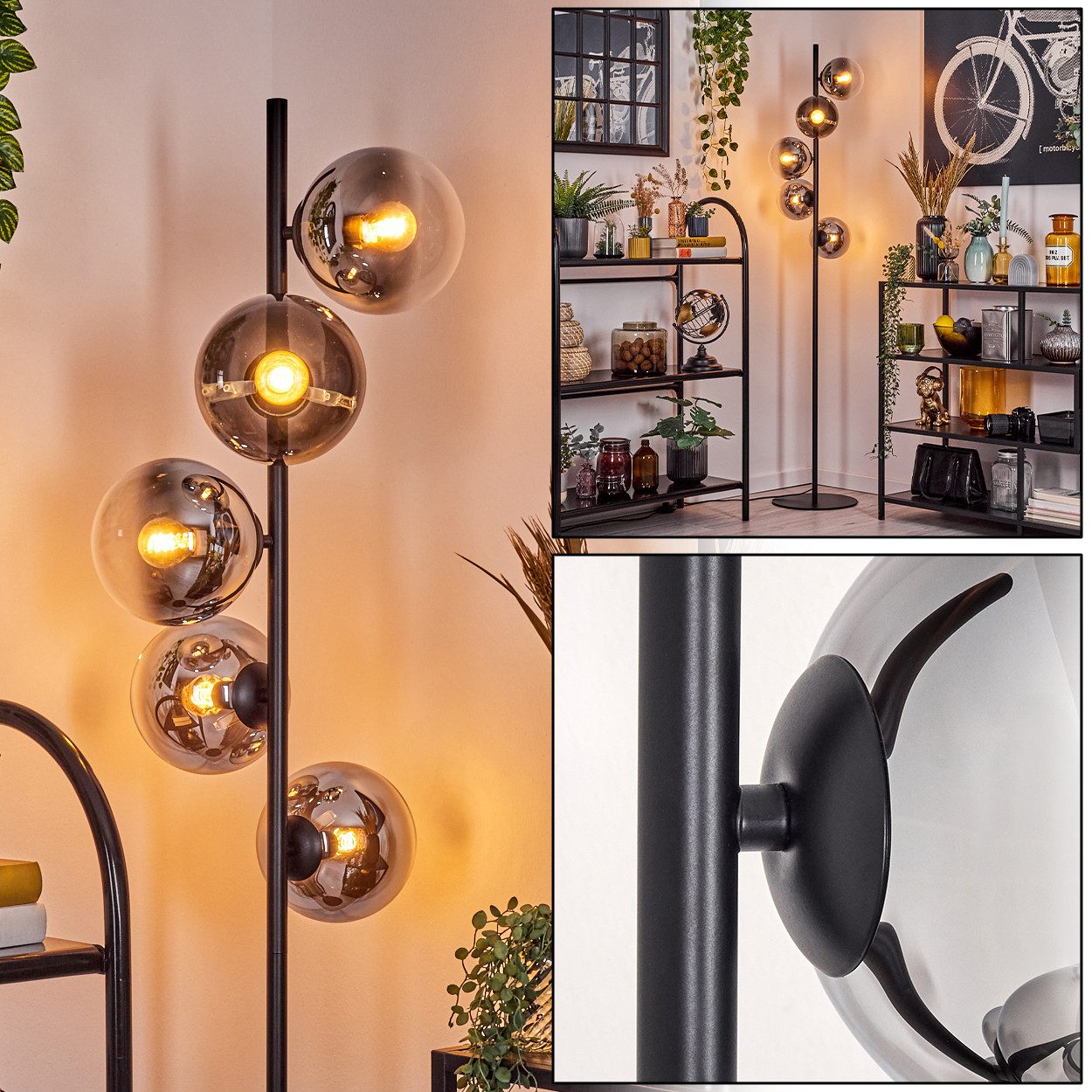 Stehlampe Stehlampe aus Metall/Glas in Schwarz/Chrom/Rauch/Klar mit Fußschalter