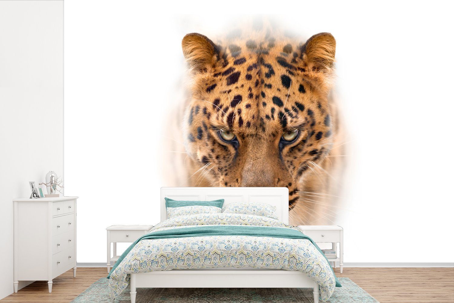 MuchoWow Fototapete Leopard - Weiß - Gesicht, Matt, bedruckt, (6 St), Wallpaper für Wohnzimmer, Schlafzimmer, Kinderzimmer, Vinyl Tapete