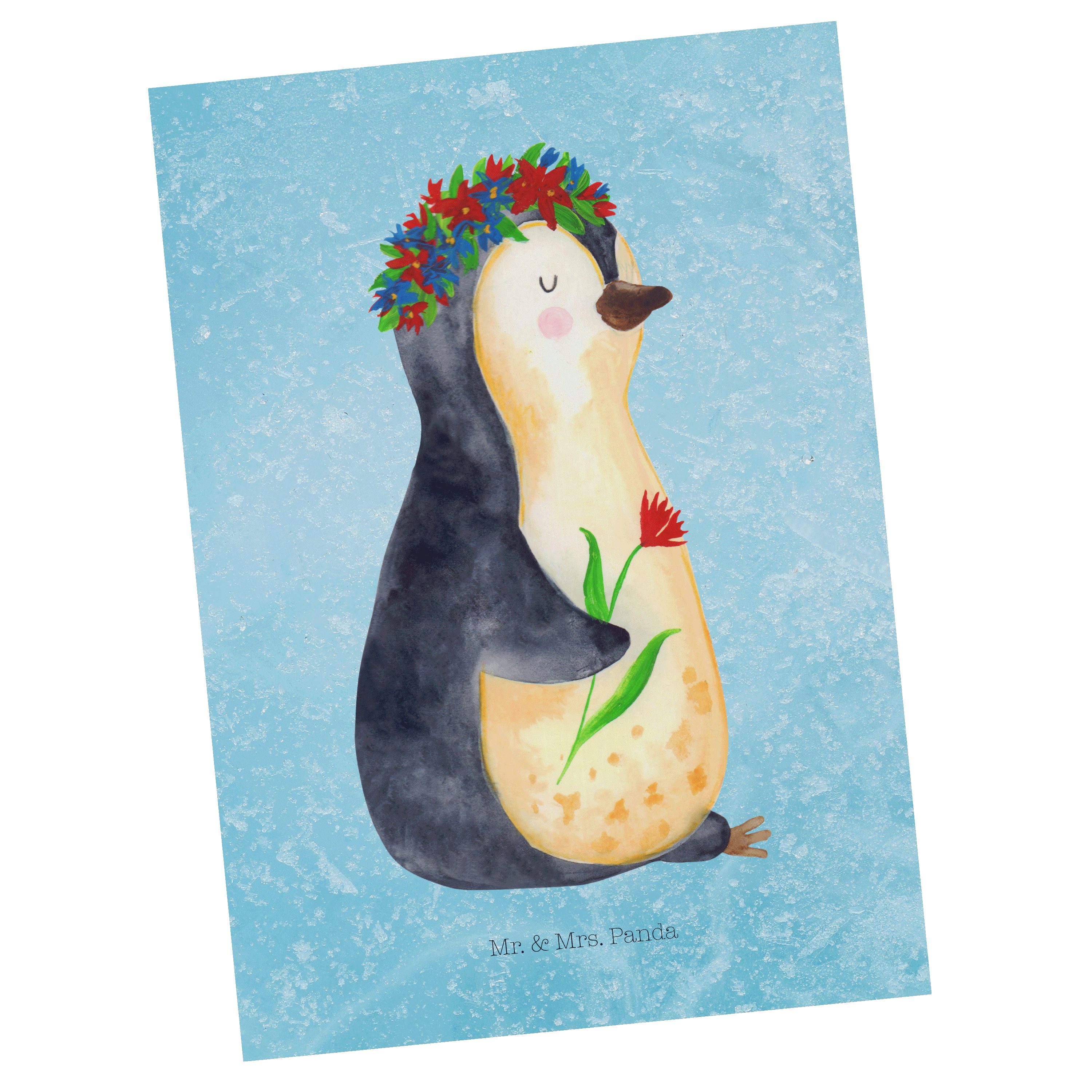 Mr. & Mrs. Panda Postkarte Pinguin Blumenkranz - Eisblau - Geschenk, Karte, Geschenkkarte, Gebur