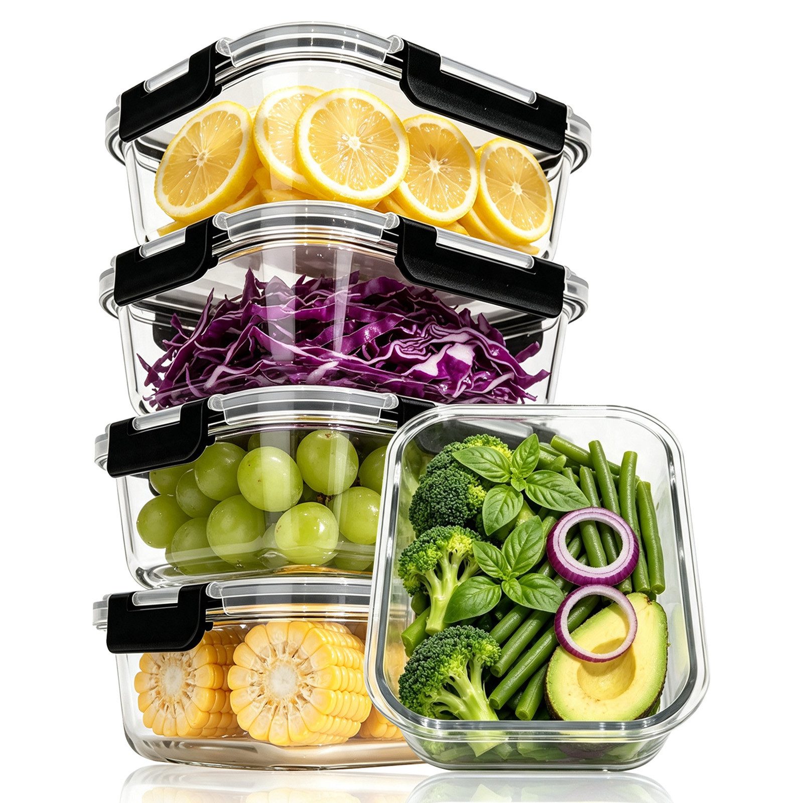 SunJas Frischhaltedose set mit deckel,Glasbehälter mit deckel,5x10140ml frischhaltedose glas, glas, (meal prep box glas set,lunchbox erwachsene,Glas Lunchbox, 5-tlg., Borosilikatglas,spülmaschinenfest & mikrowellengeeignet,auslaufsicher), Geeignet für Meal‑Prep, Kühlschrank, Picknick & Speisentransport.