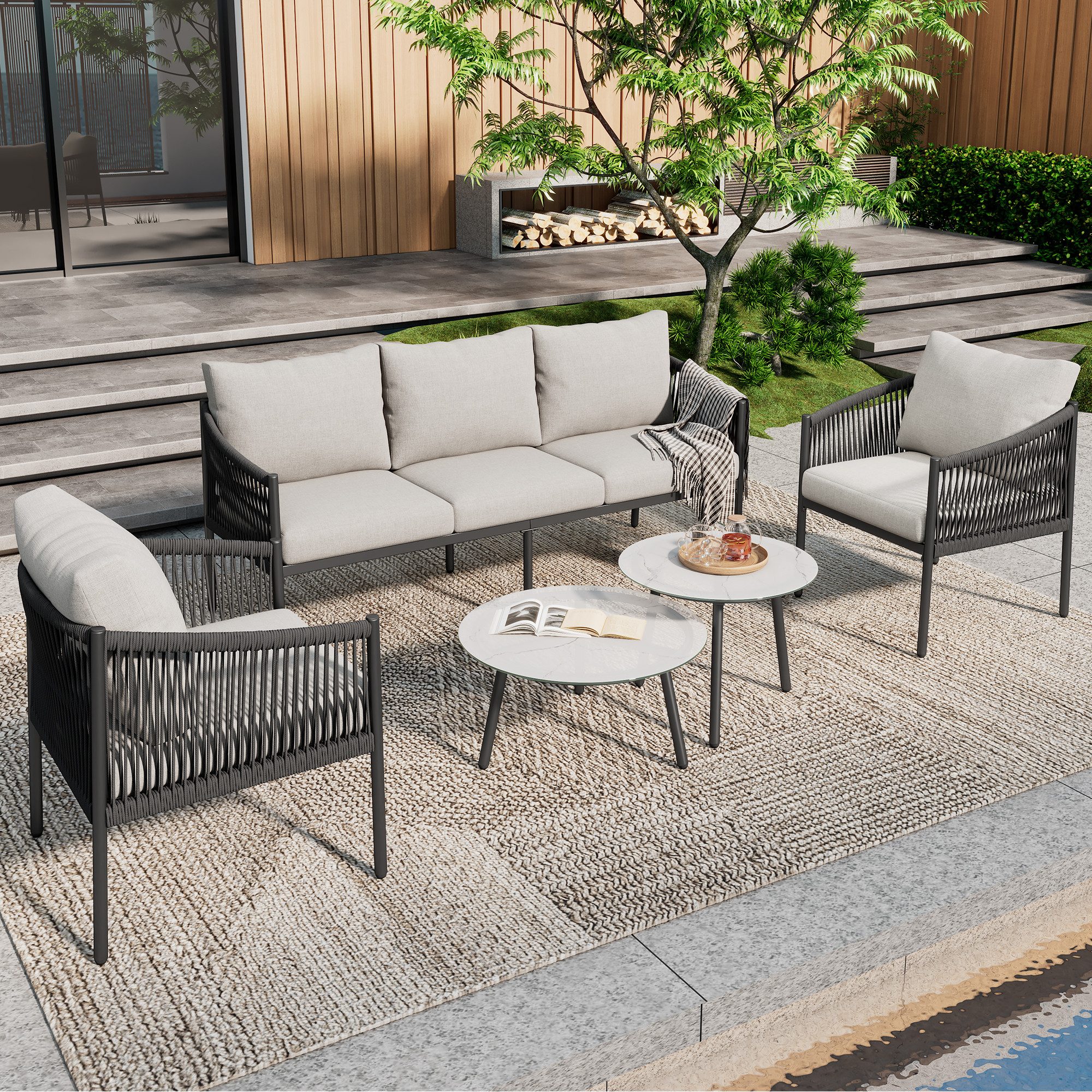 Flieks Gartenlounge-Set, 5-Sitzer Gartenmöbel-Set aus Seil günstig online kaufen