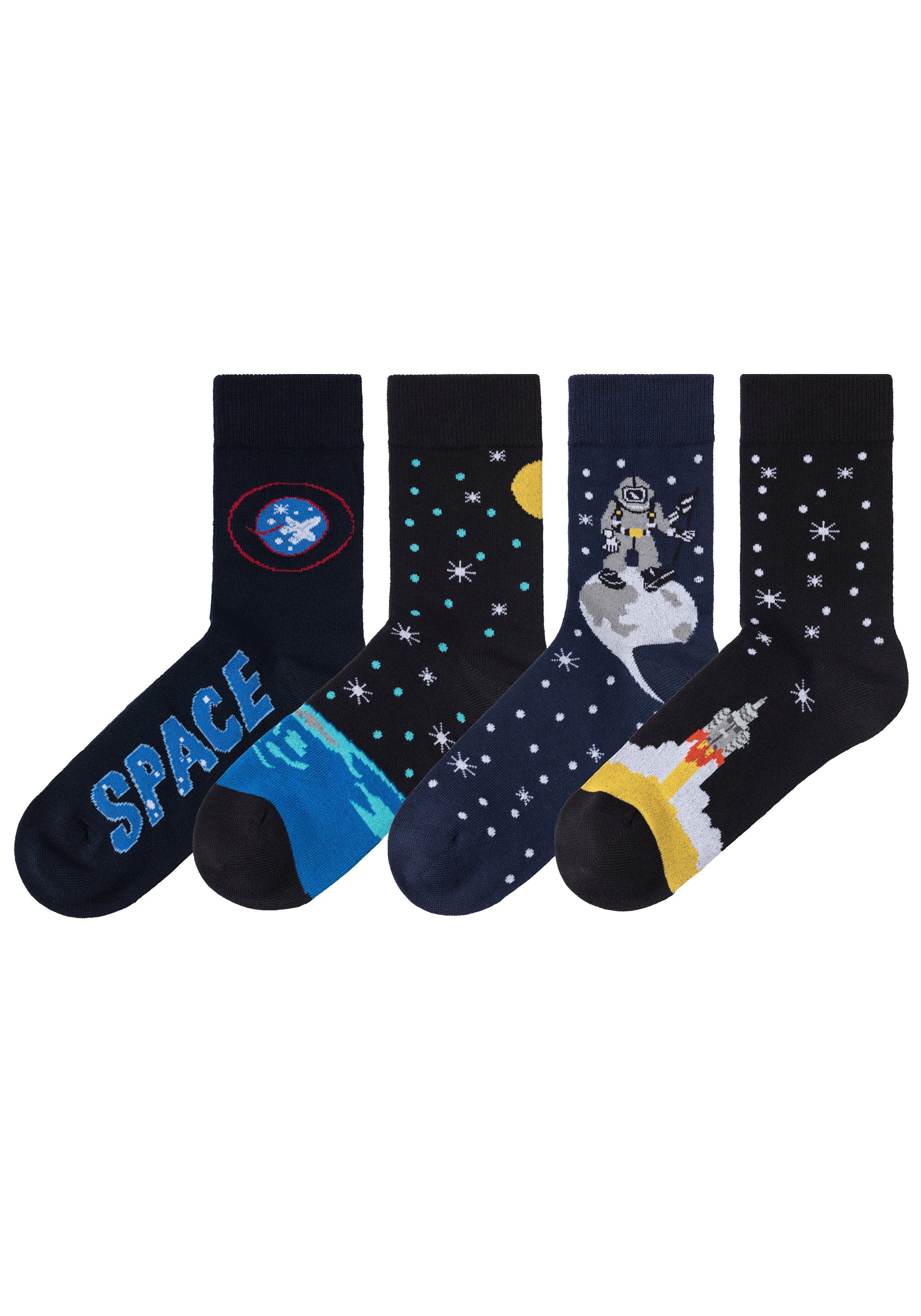 H.I.S Socken Kinder und Jugendliche Astronautensocken (Packung, 4-Paar, 27-30 bis 39-42) mit eingestrickten Weltraummotiven – Bild 3 von 5