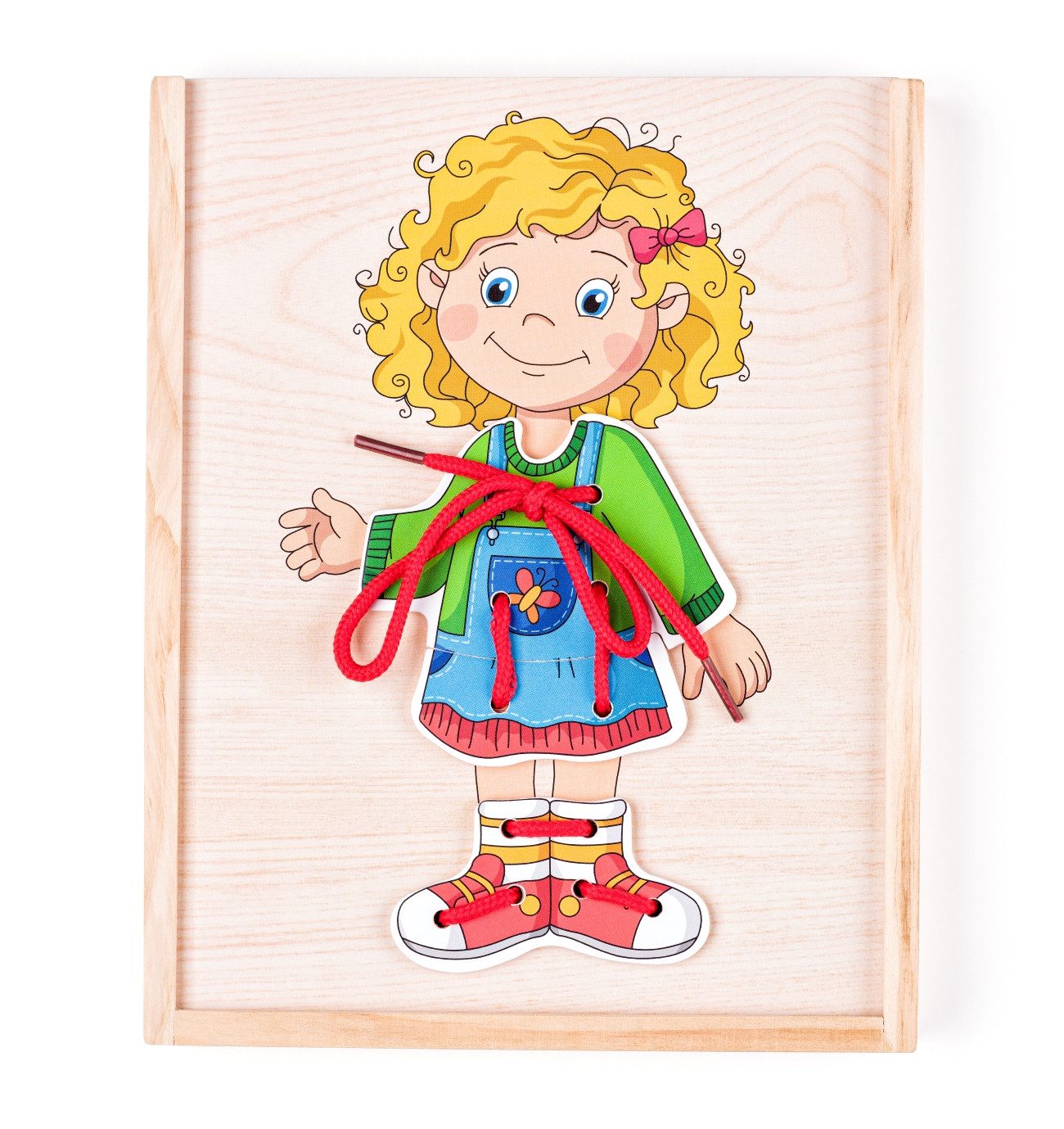 Woodyland Lernspielzeug Holzfädelspiel / Anziehspiel "Mädchen mit Kleidung", 13 tlg. Holzbox, Fädelspiel in einer Box