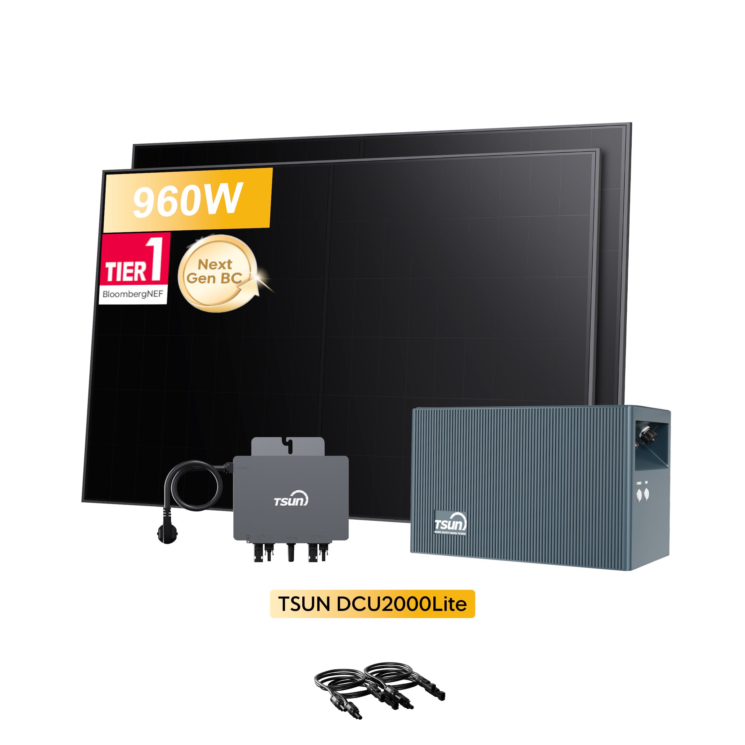 Tsun Balkonkraftwerk TSUN DCU2000Lite mit 800W Mikrowechselrichter & 960W Solarmodule, (inkl. 2x Sunrpo 480Wp BC Full Black Glas-Glas Solarmodule), 2400W PV Input mit Dual MPPT, Plug & Play