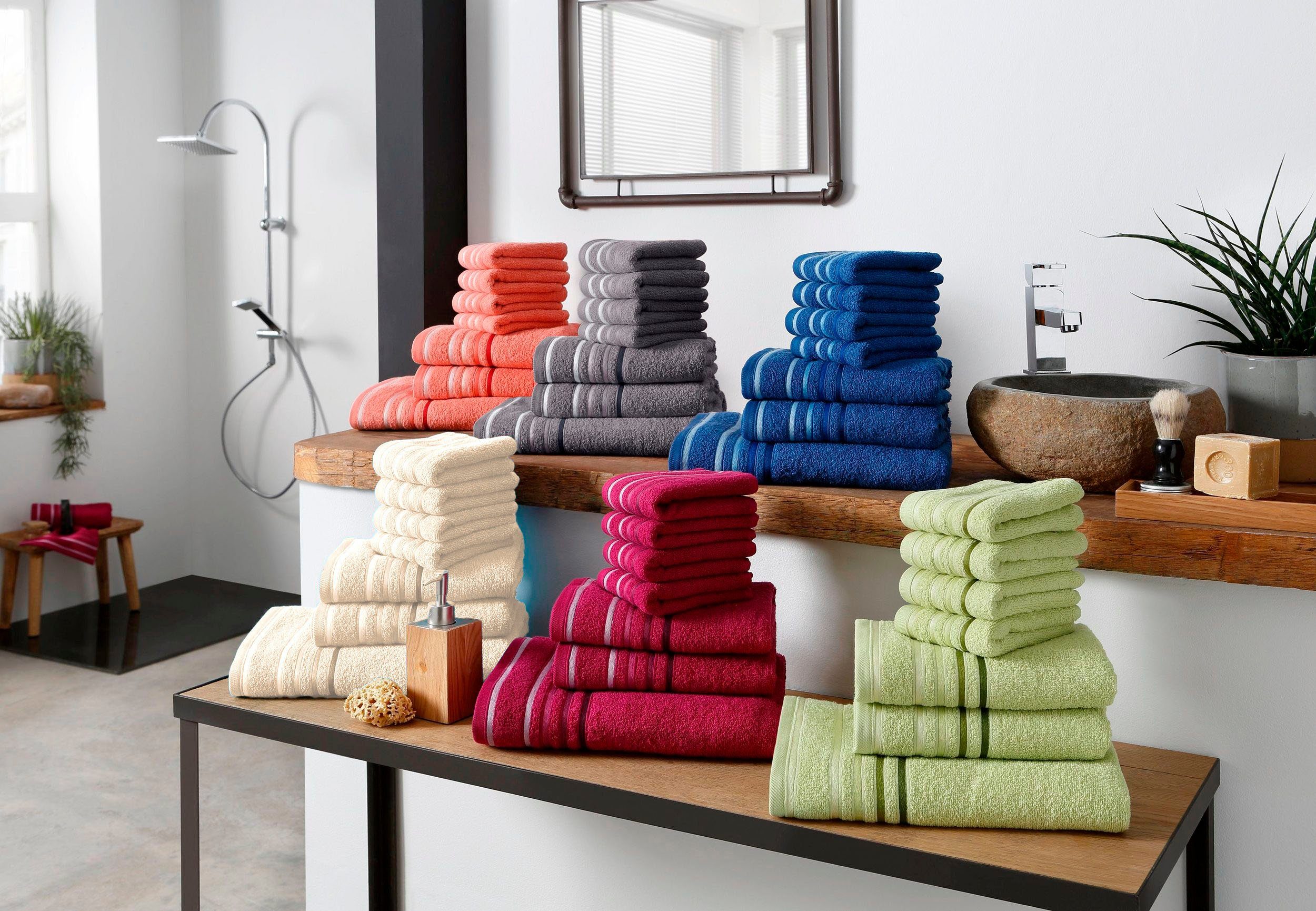 my home Handtuch Set Niki, Walkfrottee, (Set, 7-tlg), Handtuchset mit  mehrfarbigen Streifenbordüren, aus 100% Baumwolle