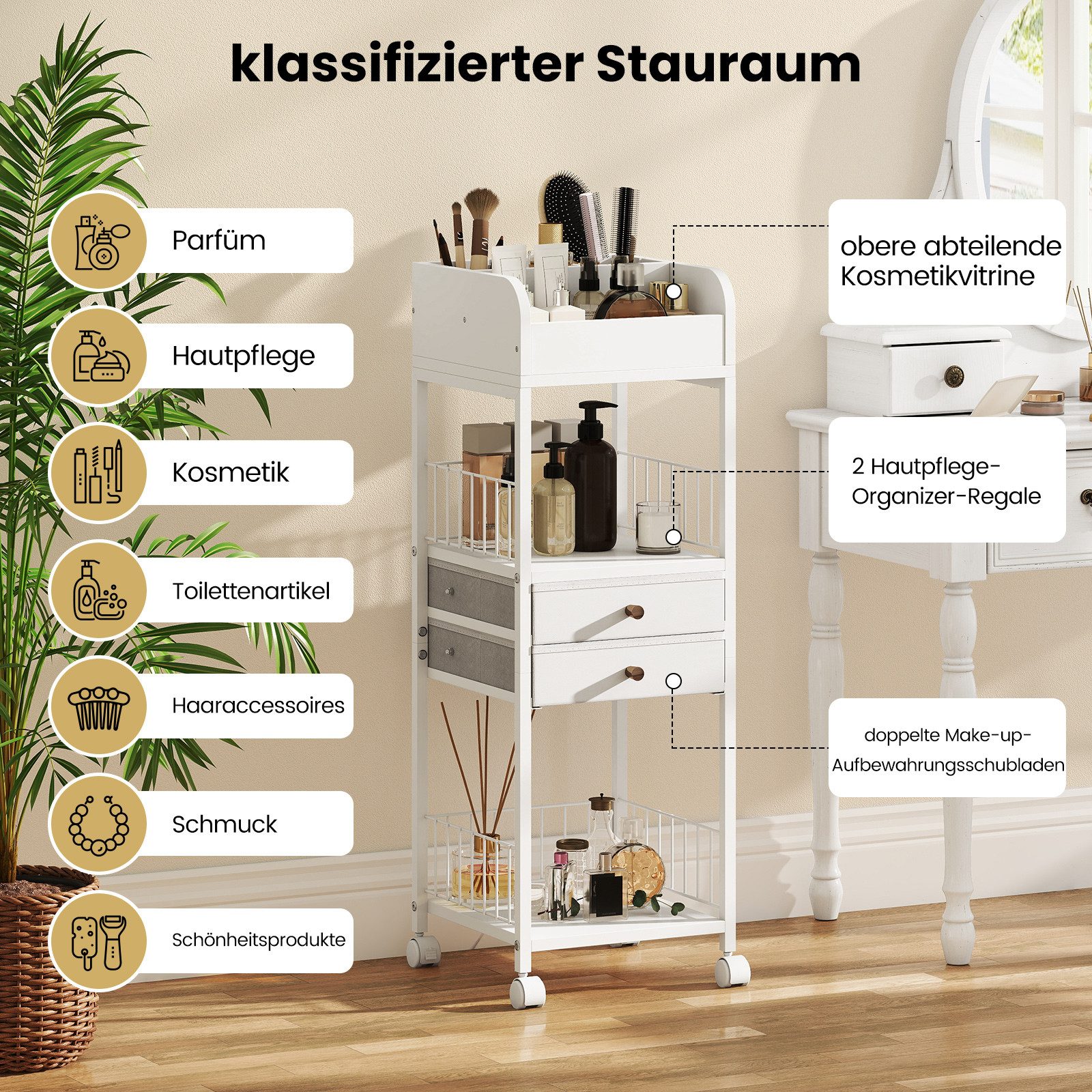 COSTWAY Beistellwagen, Rollcontainer mit Schubladen & Ablagen, Weiß 30x30x90cm