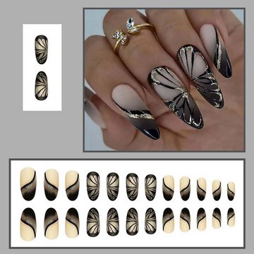 FIDDY Kunstfingernägel Künstliche Nägel, Glitzer, Schmetterling schwarz, spitz,24 Stück, 1-tlg.