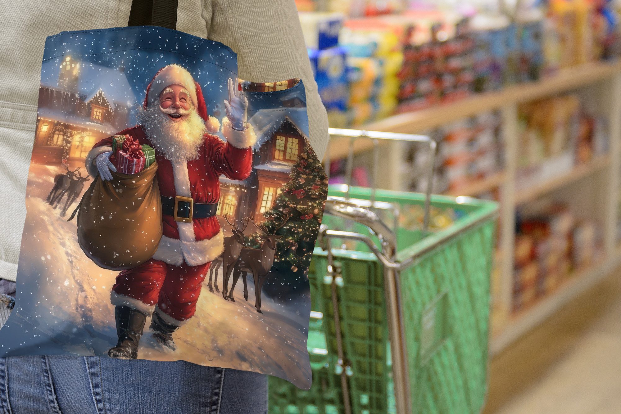 MuchoWow Shopper Weihnachtsmann - Dorf - Hirsche - Dunkelheit, Handtasche, Damen und Herren, Schultertasche, Umhängetasche, Tote Bag – Bild 4 von 5
