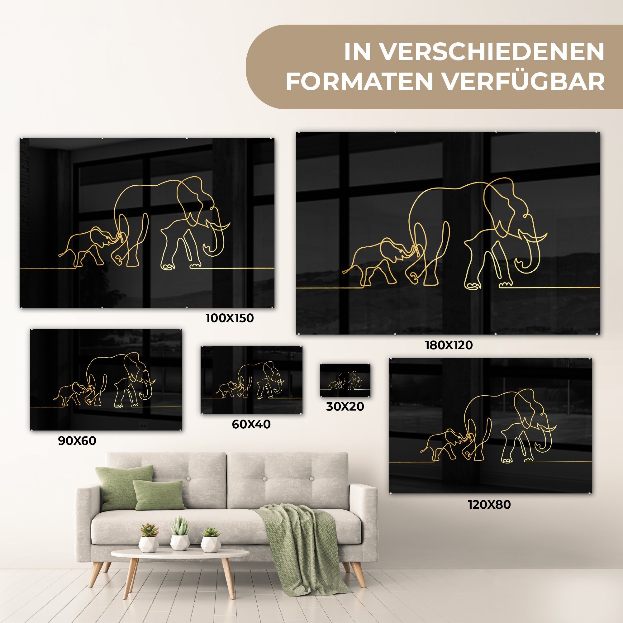 MuchoWow Acrylglasbild Elefant - Gold Bilder Wanddekoration Schwarz - Glas - Foto - Glas Minimalismus, Glasbilder - (1 - auf St), auf Wandbild
