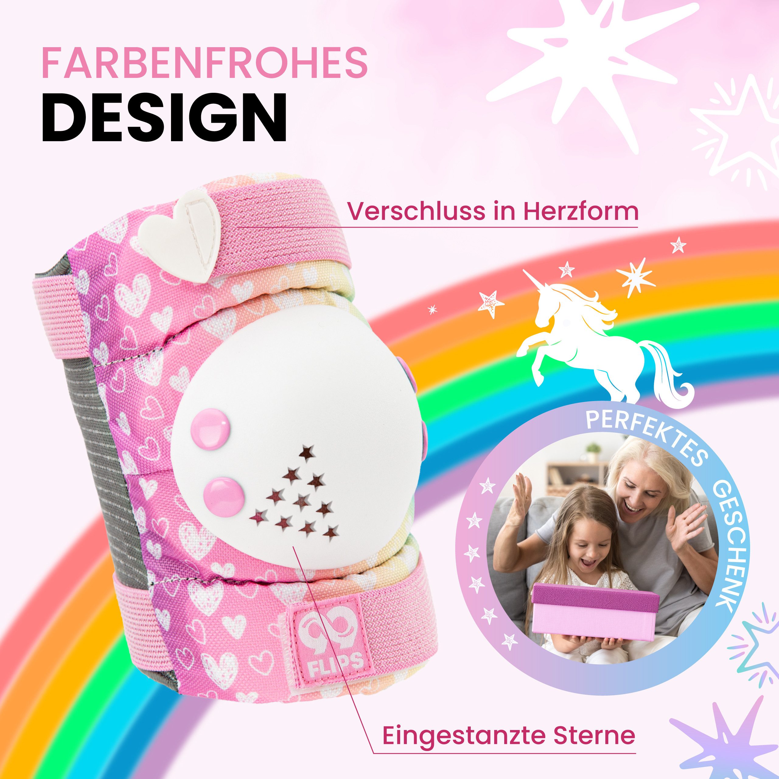 99FLIPS Protektoren-Set 3-12 Jahre - Einhorn Knieschoner Kinder Schlittschuh Schoner Set (Schützer Set Kinder für Skateboard Inline Skates Rollschuhe, 7-tlg., K – Bild 5 von 5