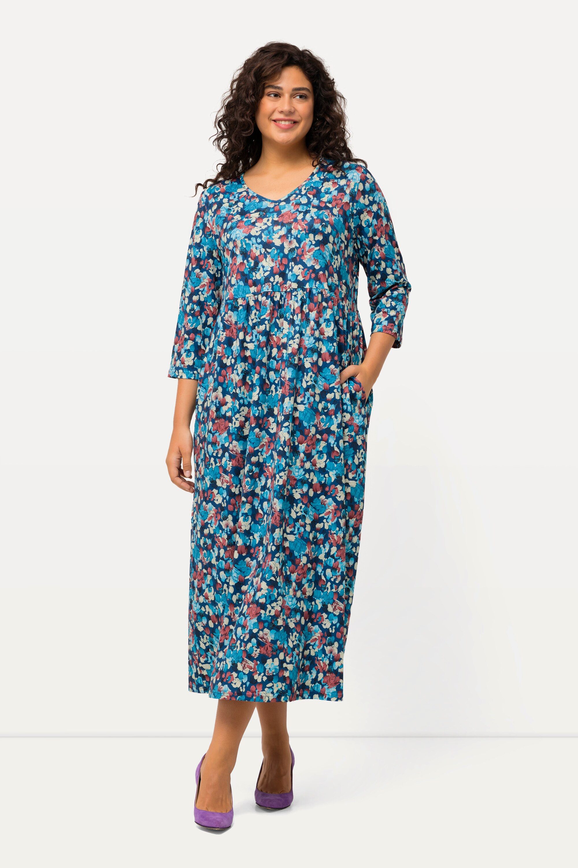 Maxikleid Jerseykleid gemustert V-Ausschnitt 3/4-Arm