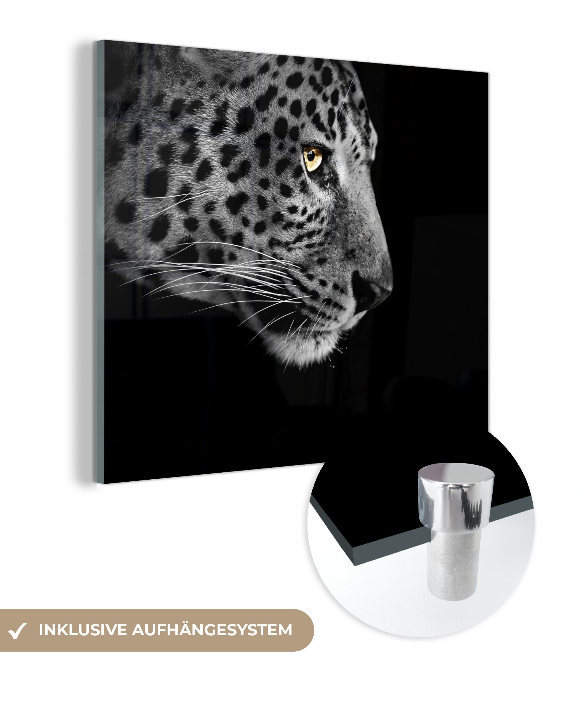 MuchoWow Acrylglasbild Leopard - Schwarz - Weiß, (1 St), Glasbilder - Bilder auf Glas Wandbild - Foto auf Glas - Wanddekoration