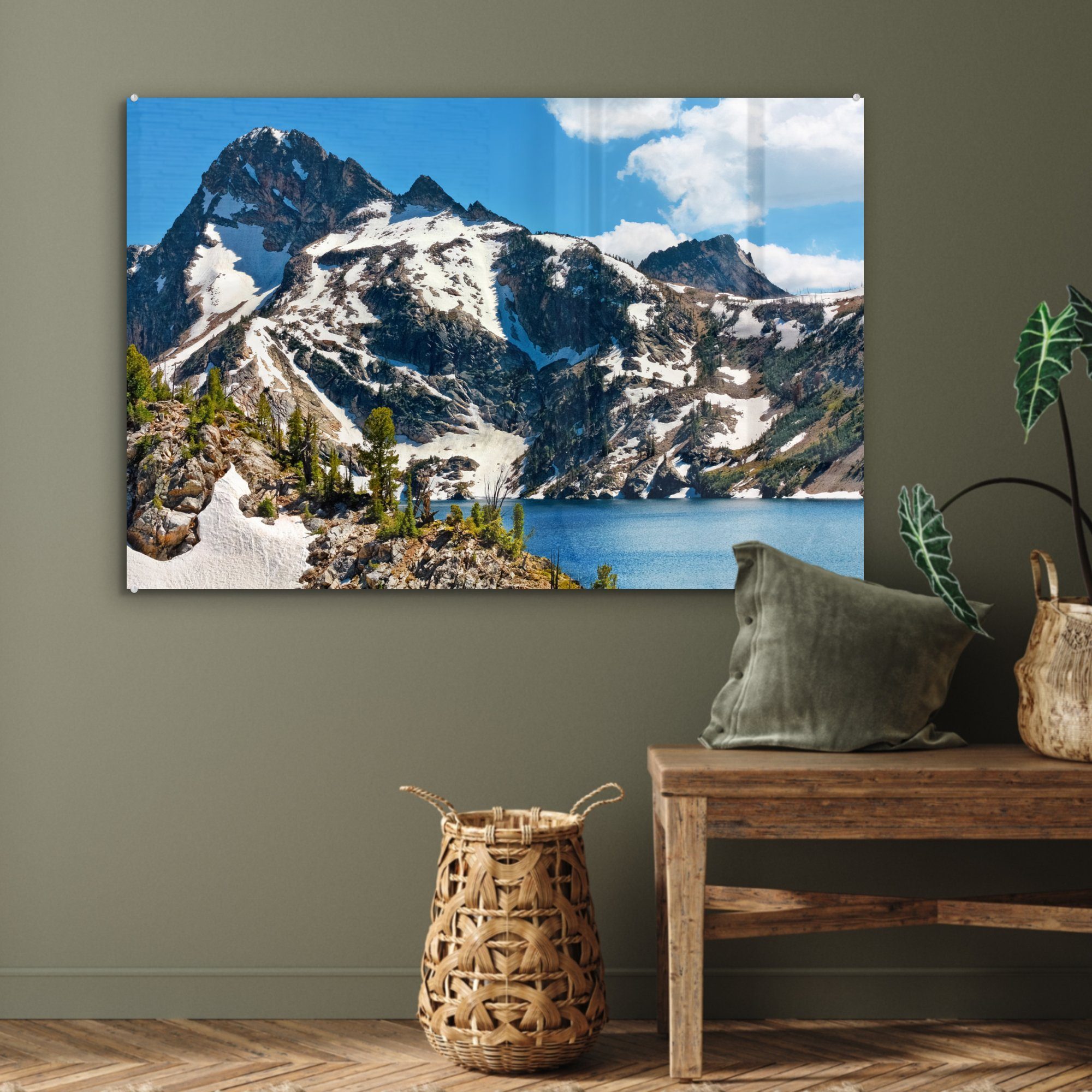 MuchoWow Acrylglasbild Schneebedeckte Berge Lake, Schlafzimmer St), (1 Sawtooth & Wohnzimmer Acrylglasbilder