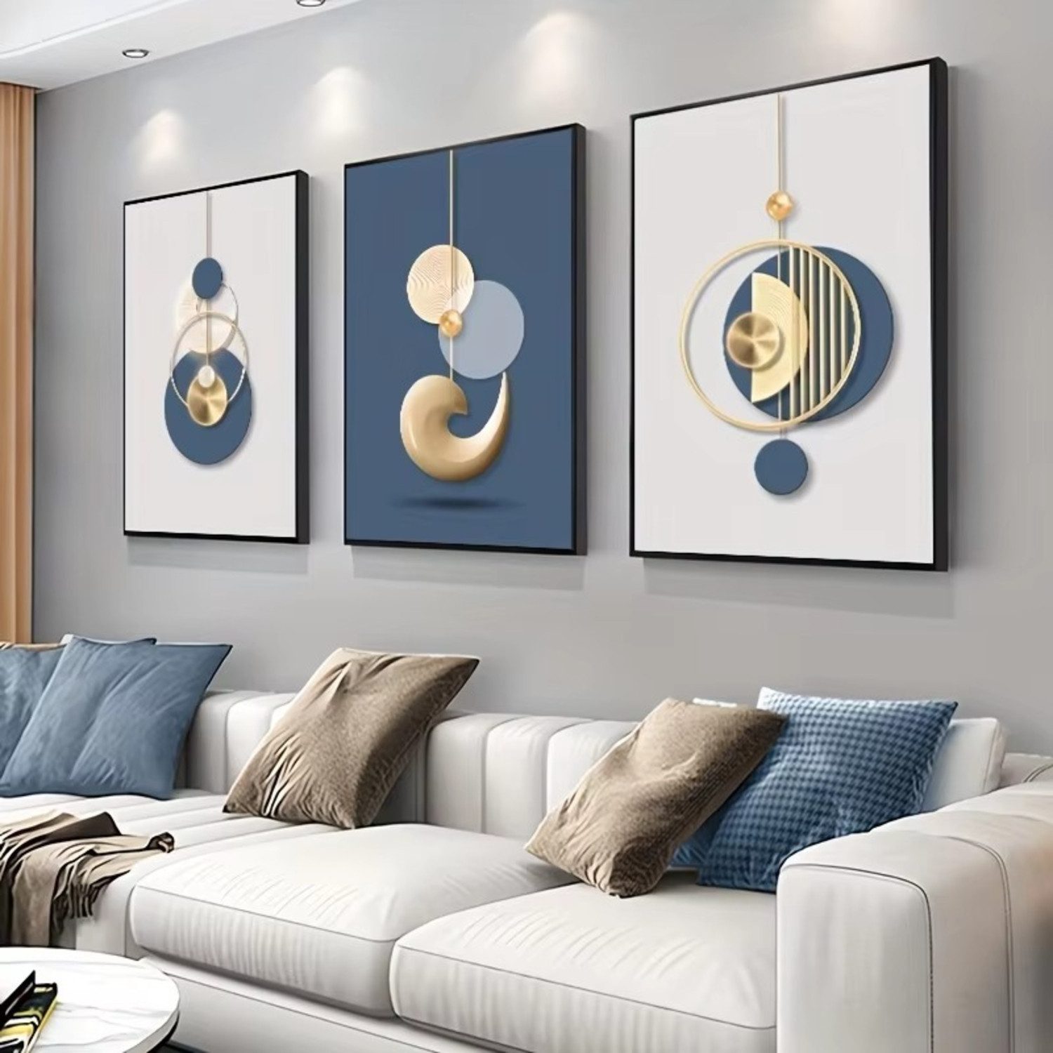 TPFLiving Kunstdruck OHNE RAHMEN, Moderne Formen und Figuren - (Leinwandbild XXL), Farben: Farben: beige, blau, gold -Größe: 21x30cm