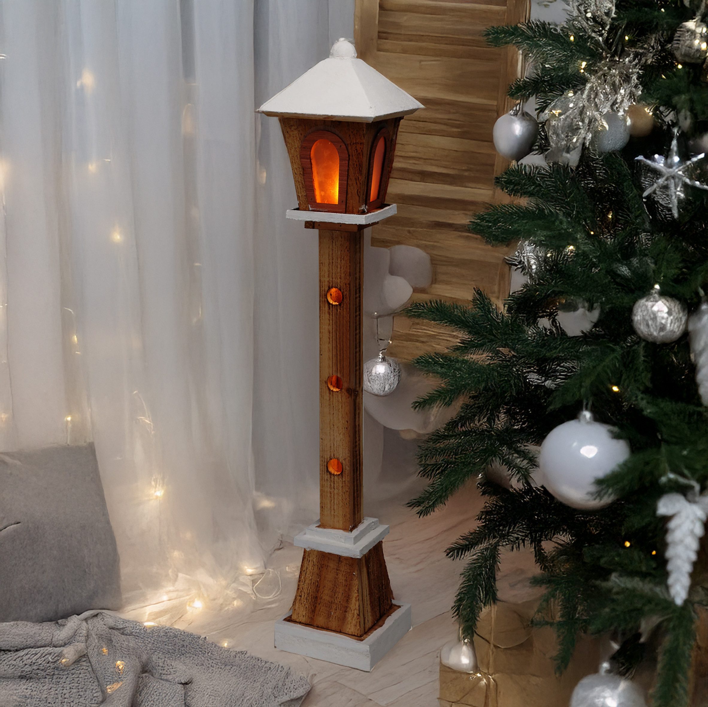 Spetebo LED Dekofigur Holz Laterne mit 23 LED in warm weiß 75 cm, 1 Stück, LED fest integriert, warm weiß, Batteriefach versteckt im Standfuß – Bild 4 von 5