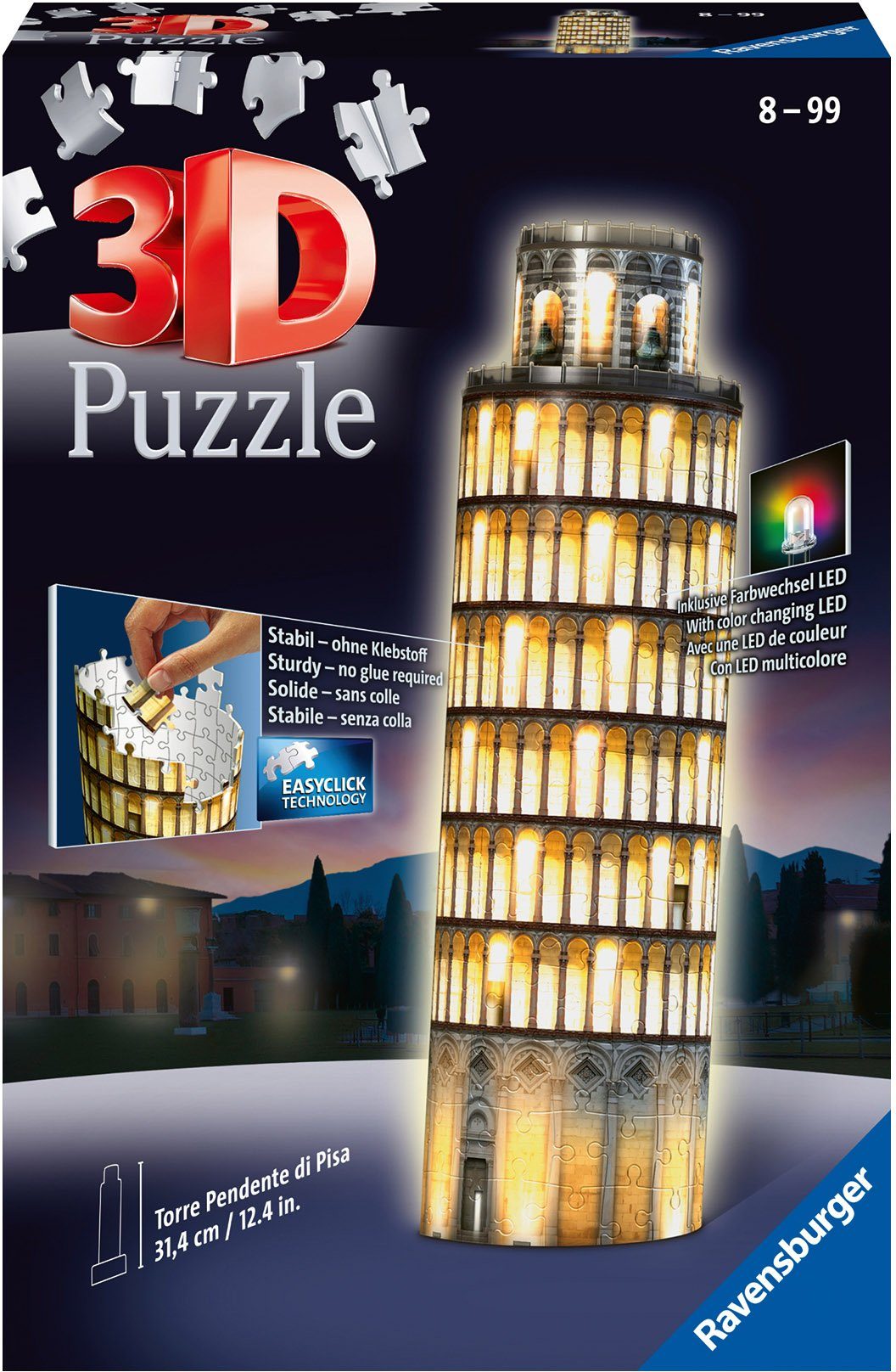 216 in - 3D-Puzzle Puzzleteile, LEDs; Europe, Farbwechsel bei - FSC® Wald von Ravensburger Nacht, mit Schiefer weltweit schützt Turm Pisa Made