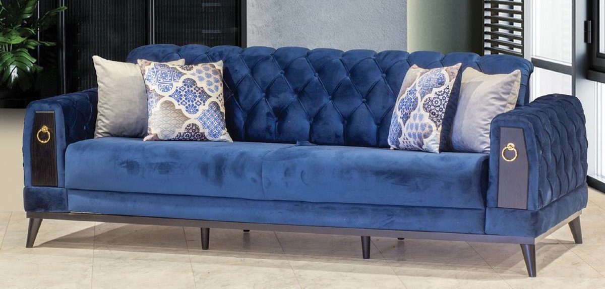 Casa Padrino Chesterfield-Sofa Chesterfield Schlafsofa Blau / Schwarz / Gold 222 x 90 x H. 80 cm - Modernes Wohnzimmer Sofa - Chesterfield Möbel - Wohnzimmer Möbel