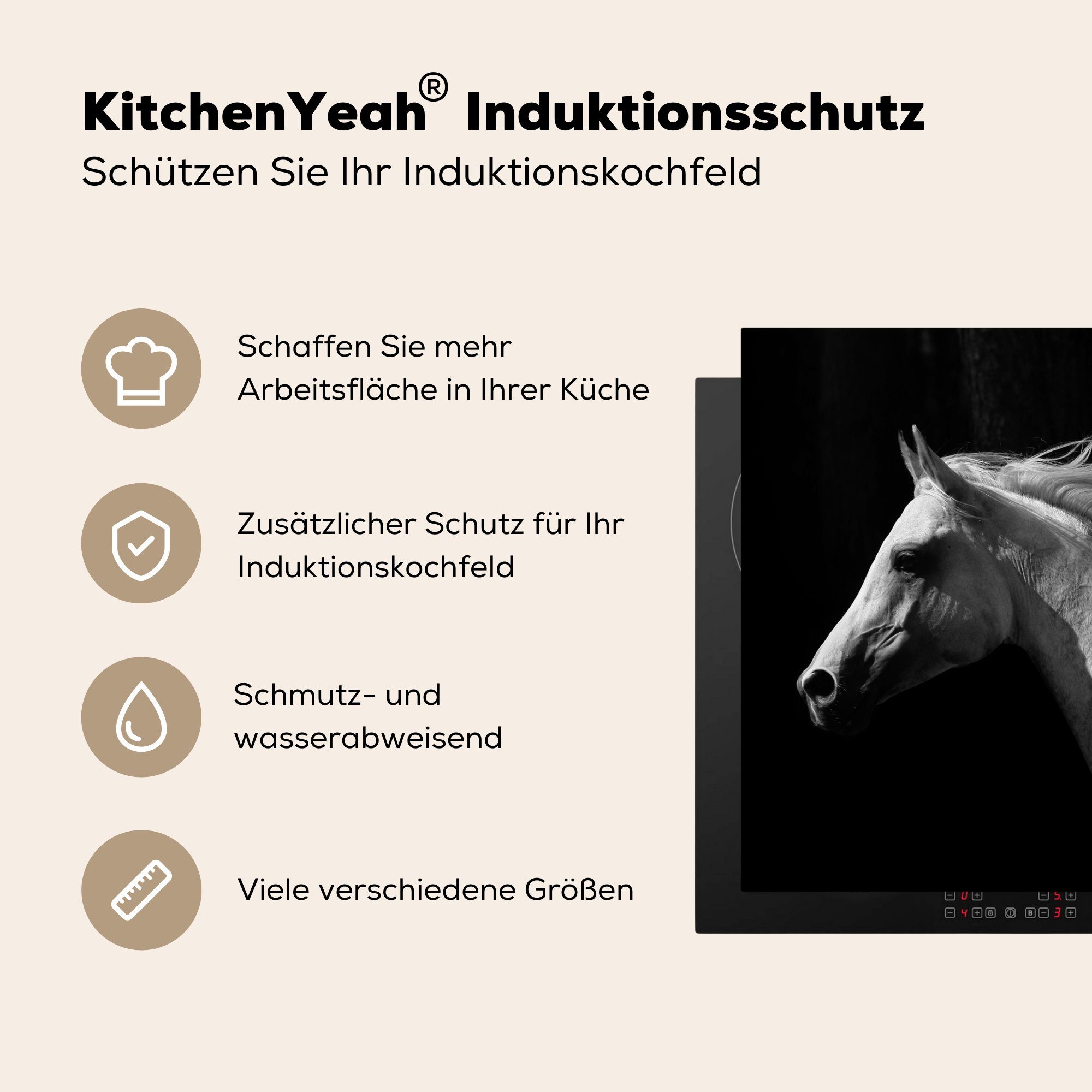 Vinyl, für Schwarz, MuchoWow Weiß tlg), - (1 - küche Arbeitsplatte Herdblende-/Abdeckplatte cm, Pferd Ceranfeldabdeckung, 78x78