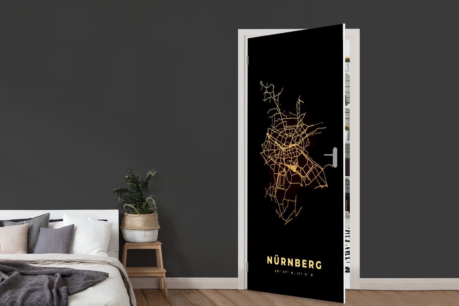 Türaufkleber, Tür, bedruckt, - Fototapete Matt, - für - Gold Karte Türtapete MuchoWow Karte - cm Nürnberg Stadtplan, St), 75x205 (1
